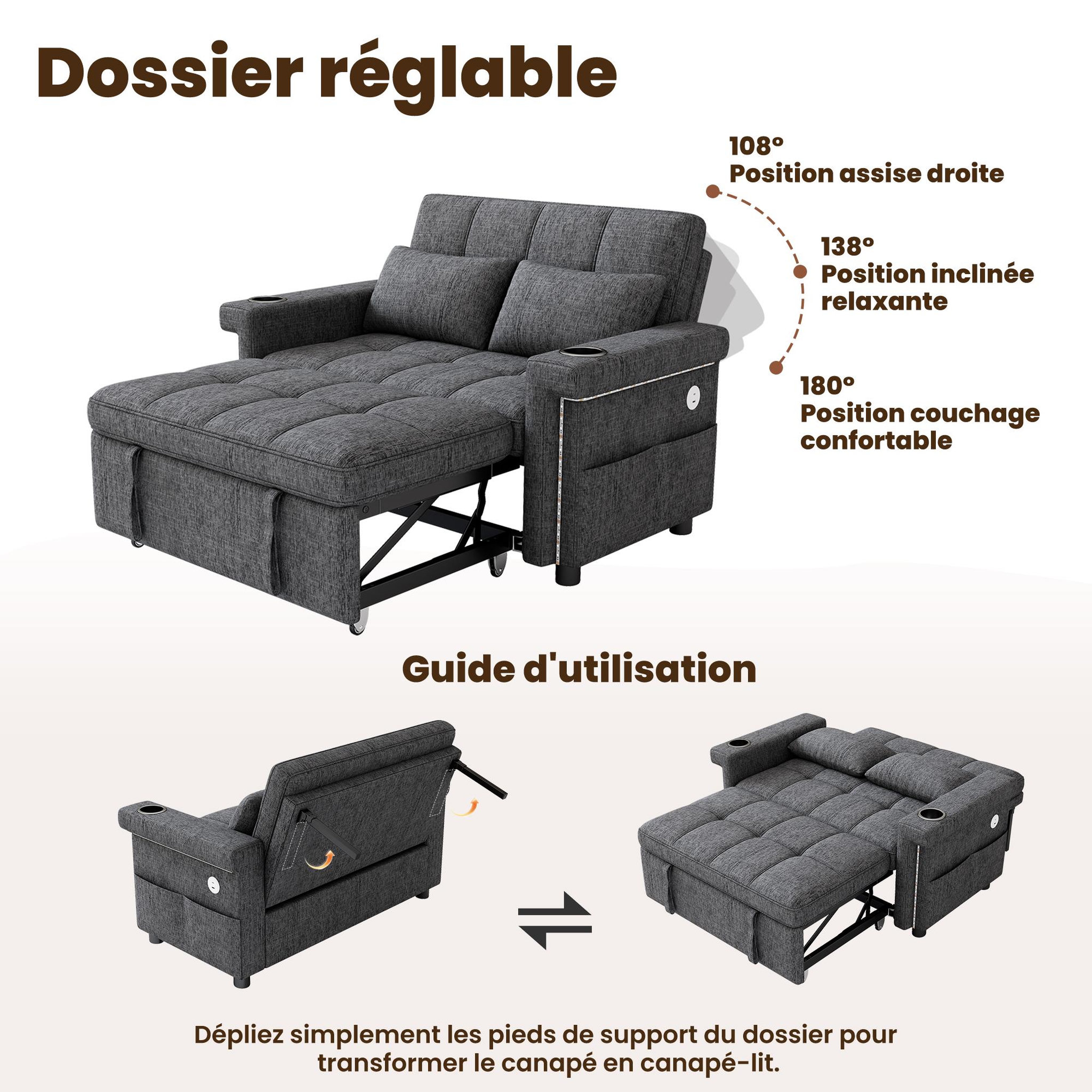 Voir la diapositive 5 : MERAX Canapé convertible 2 places avec dossier réglable et ports usb type-c tissu chenille