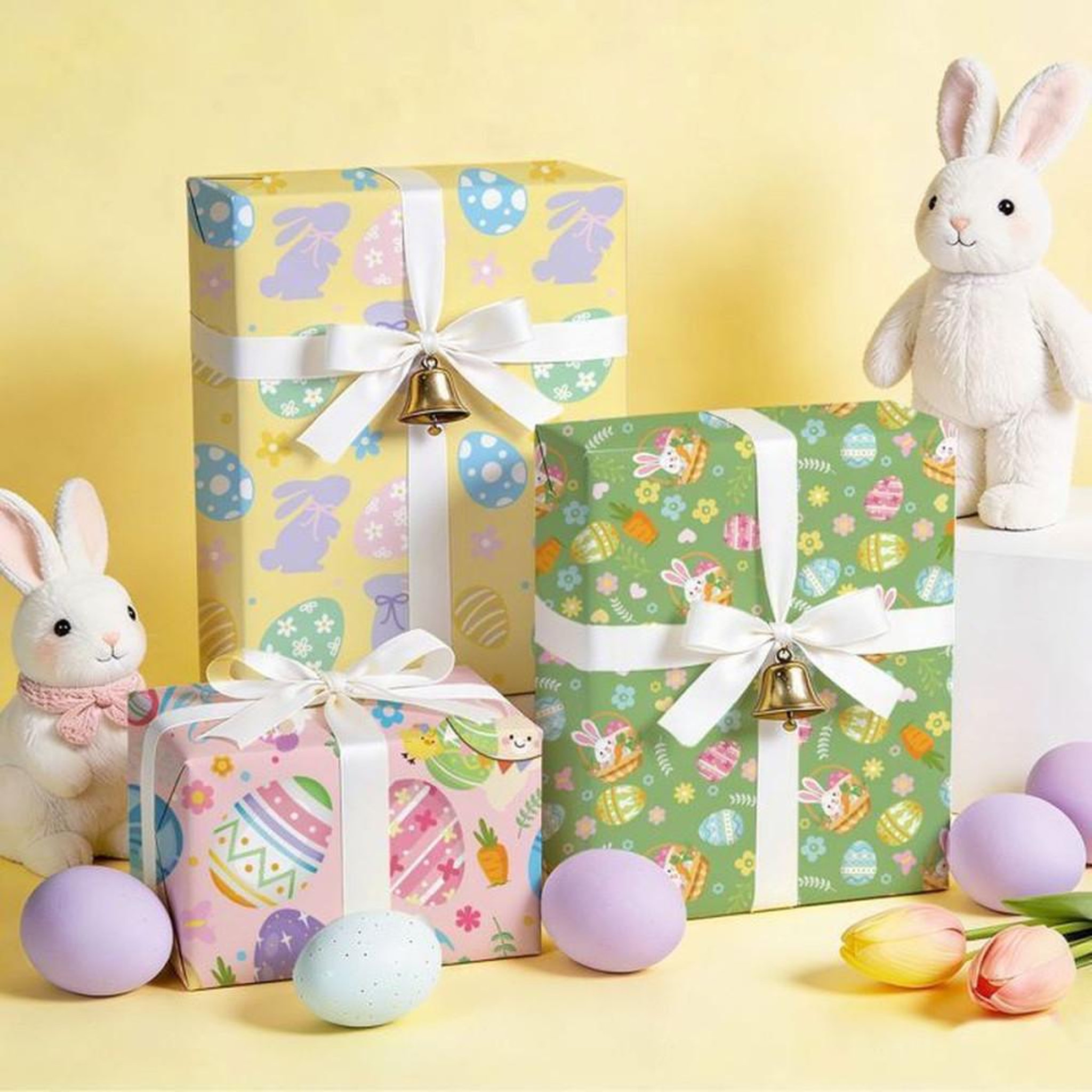 Voir la diapositive 4 : Papier cadeau de Pâques en rouleaux 40 cm x 3 m, lot de 4 motifs lapins et œufs multicolores