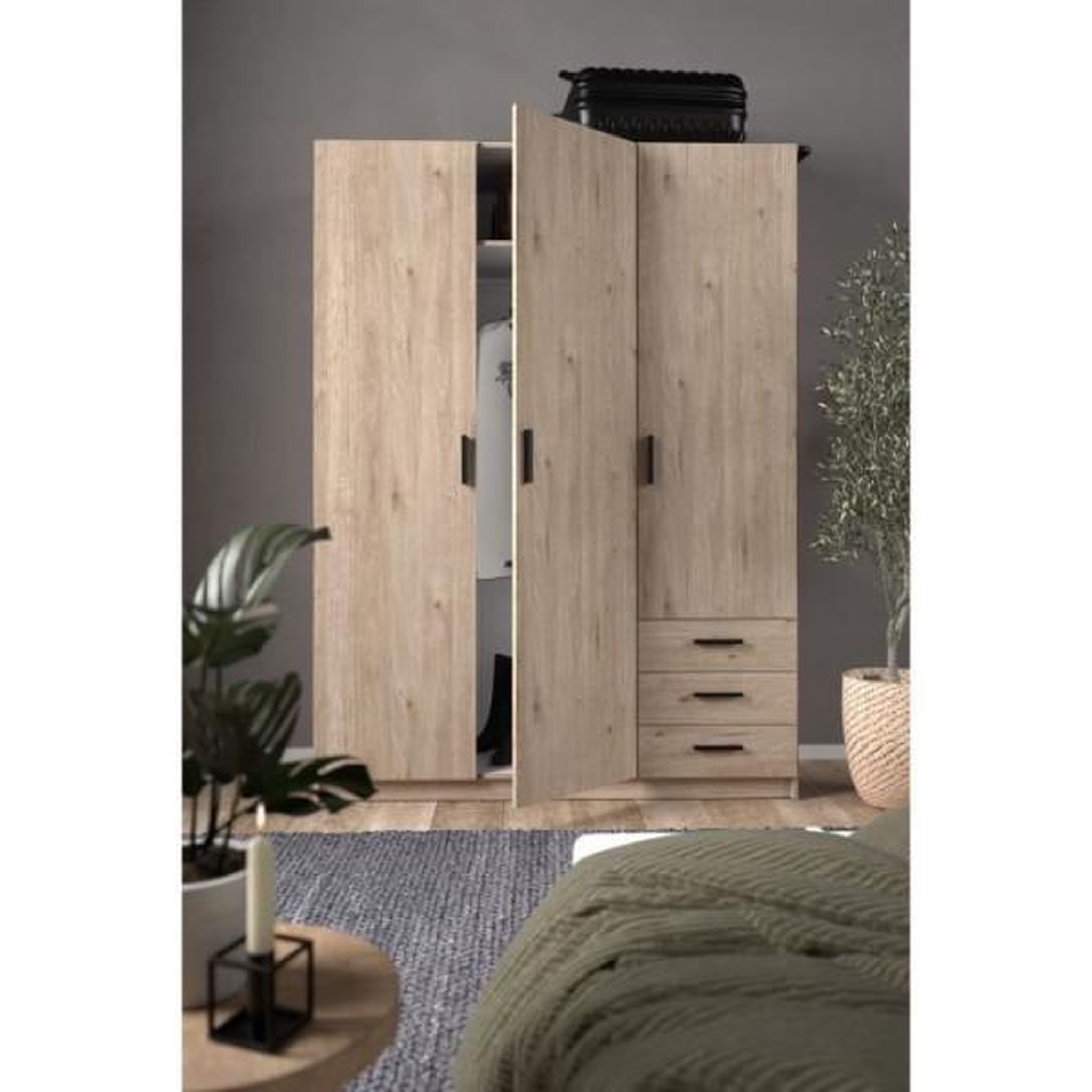 Voir la diapositive 2 : TVILUM Armoire VEGA - Décor chene - 3 portes + 3 tiroirs - L 147 x P 49,6 x H 200,4 cm