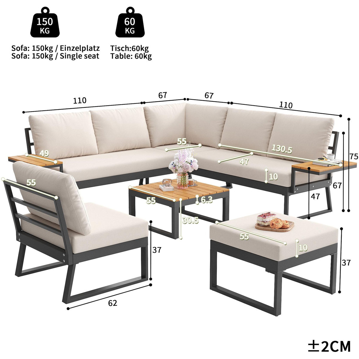 MERAX Salon de jardin 7 places en métal avec canapé d'angle, fauteuil, table basse et tabouret