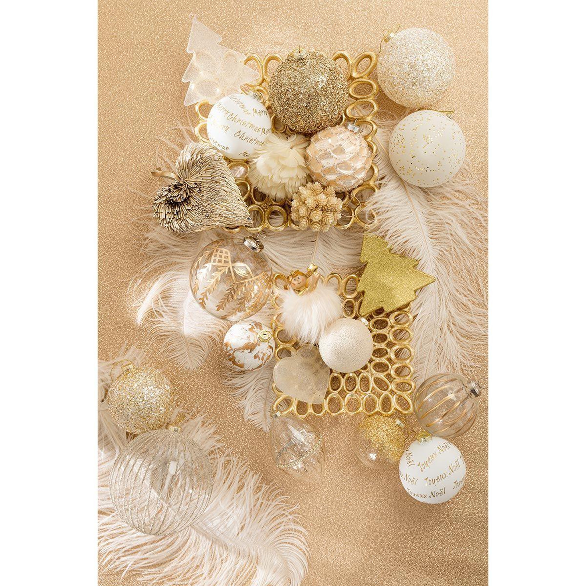 Voir la diapositive 2 : J-LINE Lot de 4 boules de noël  xmas  10cm blanc & or