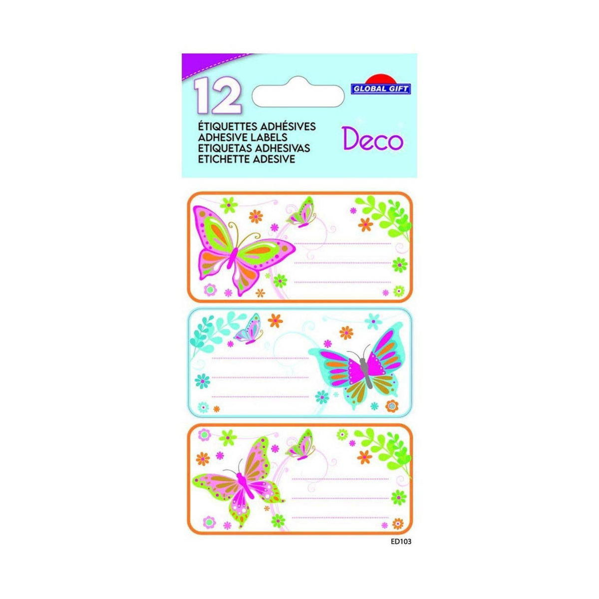 GLOBAL GIFT 12 étiquettes adhésives scolaires - Rectangle - Papillons - Paillettes