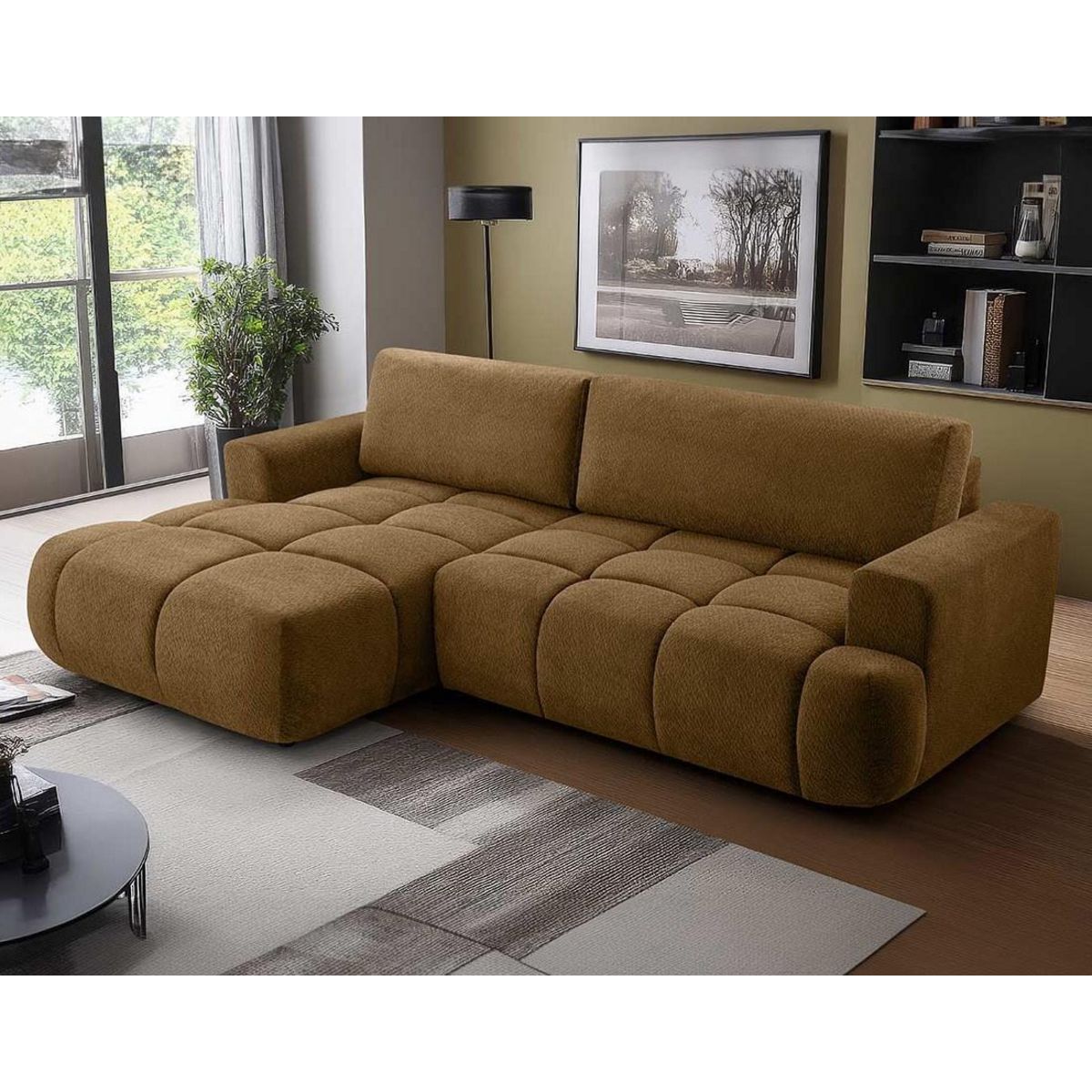 BEST MOBILIER Leonie - canapé d'angle gauche 4 places convertible avec coffre en velours texturé