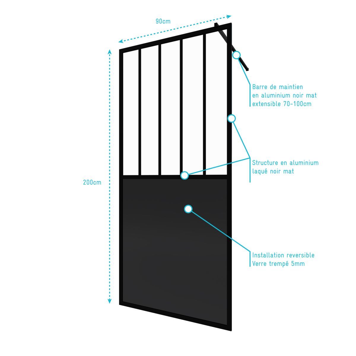 Aurlane Paroi de douche à l'italienne style verrière 90x200 cm - BLACK INDUS 90
