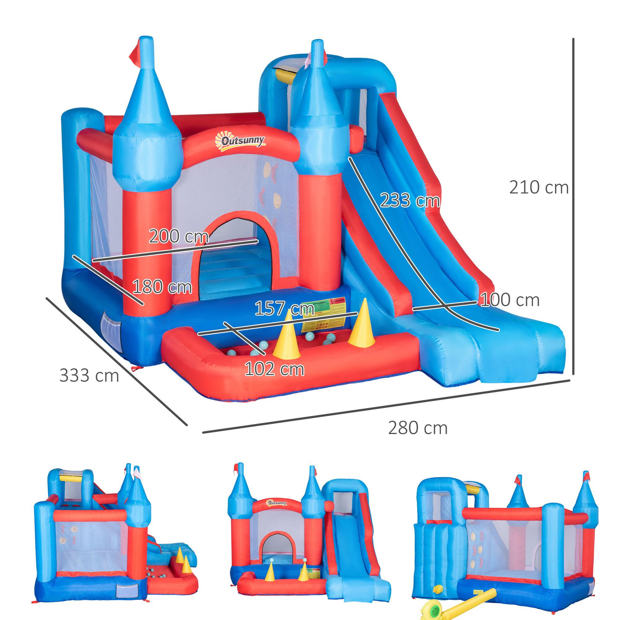 Voir la diapositive 3 : OUTSUNNY Château gonflable enfant - toboggan, trampoline, piscine, mur d'escalade - gonfleur, sac de transport inclus - dim. 3,33L x 2,8l x 2,1H m - polyester rouge bleu