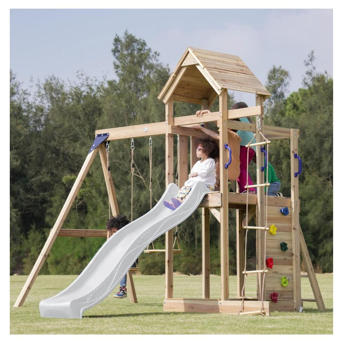 Axi House Portique Moos 2 balançoires + échelle toboggan blanc