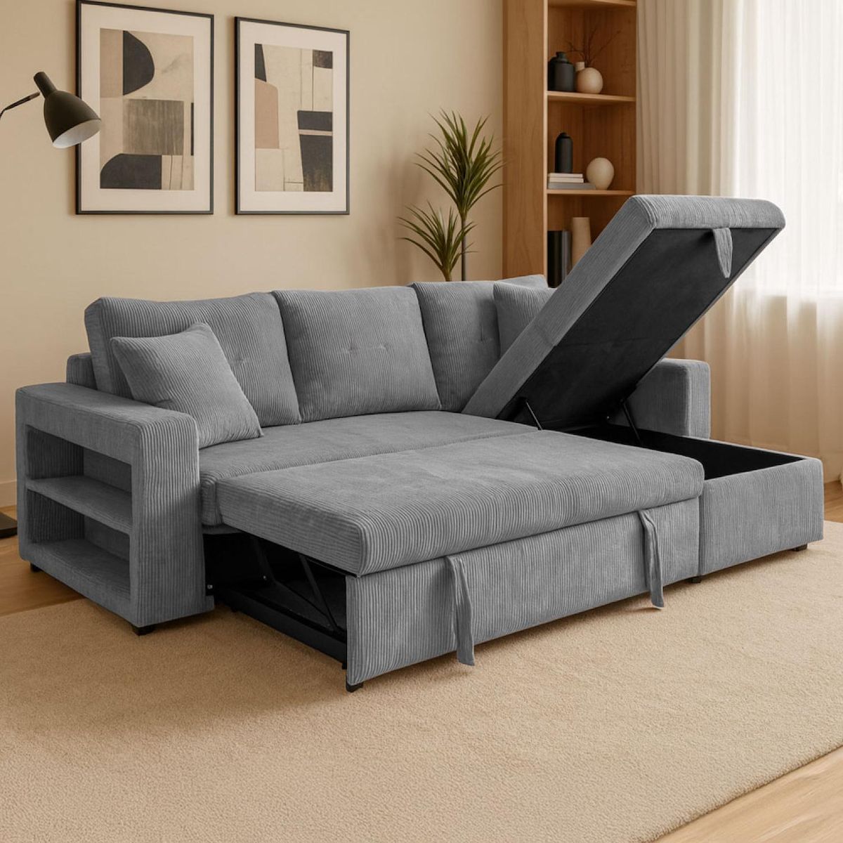 CONCEPT USINE Canapé d'angle convertible 4 places avec coffre en velours côtelé gris GLASGOW