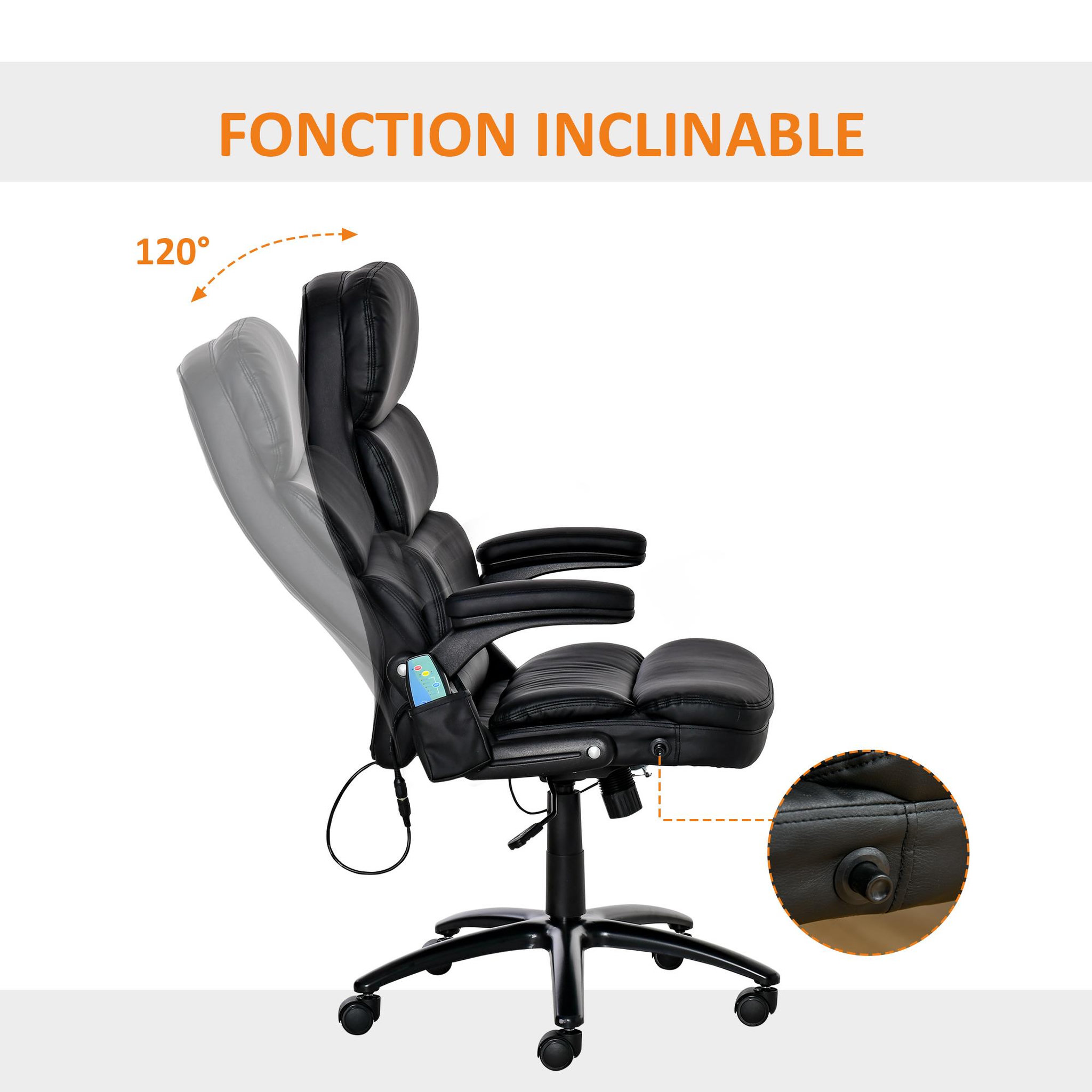 Voir la diapositive 5 : VINSETTO Vinsetto Fauteuil de bureau direction massant 6 points grand confort dossier inclinable hauteur réglable pivotant revêtement synthétique noir