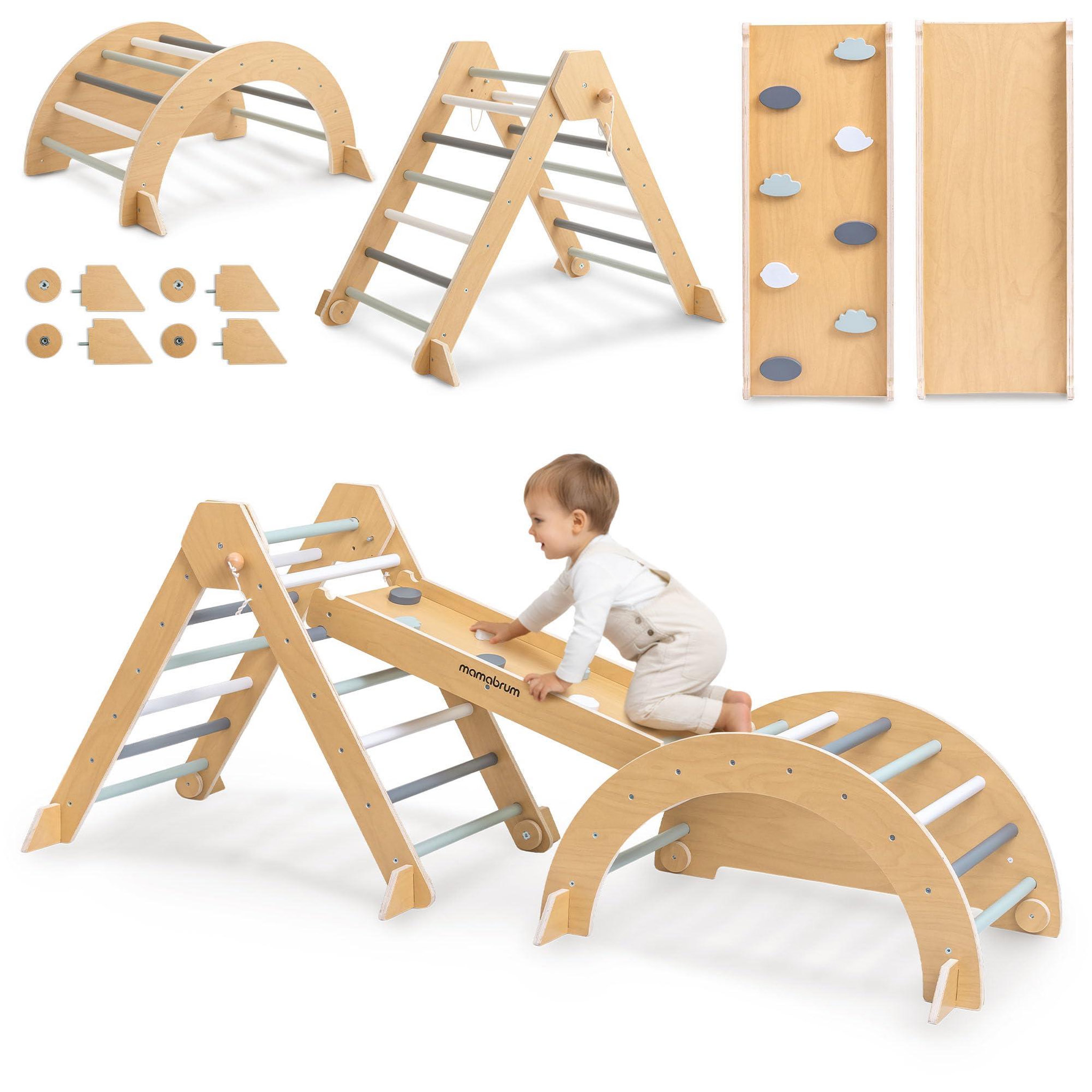 HYPERMOTION Aire de jeux Montessori Mamabrum 3-en-1 en bois avec triangle Pikler, arche et rampe
