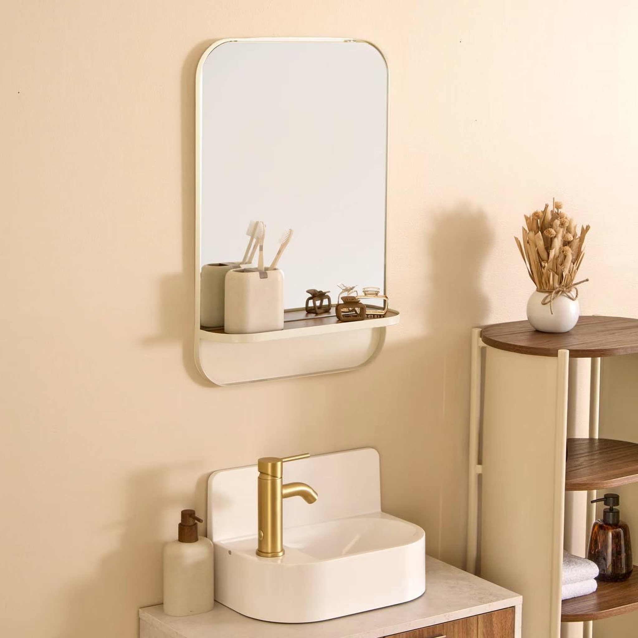 Voir la diapositive 3 : FIVE Miroir mural avec étagère  argiléo  60cm beige