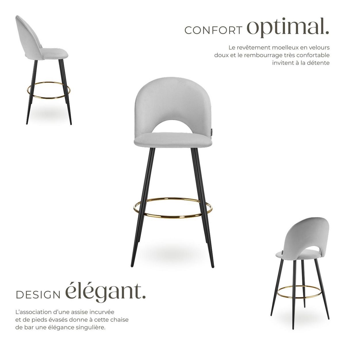 tectake Chaise de bar en velours rembourré gris clair/noir Ensemble de 2 pièces