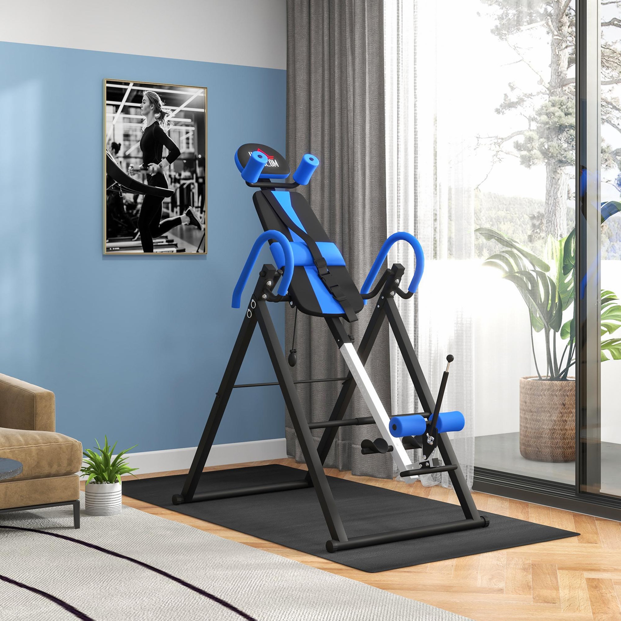 Voir la diapositive 2 : HOMCOM Table d'inversion de musculation pliable ceinture de sécurité réglable angle inversé ajustable 3 niveaux acier bleu noir