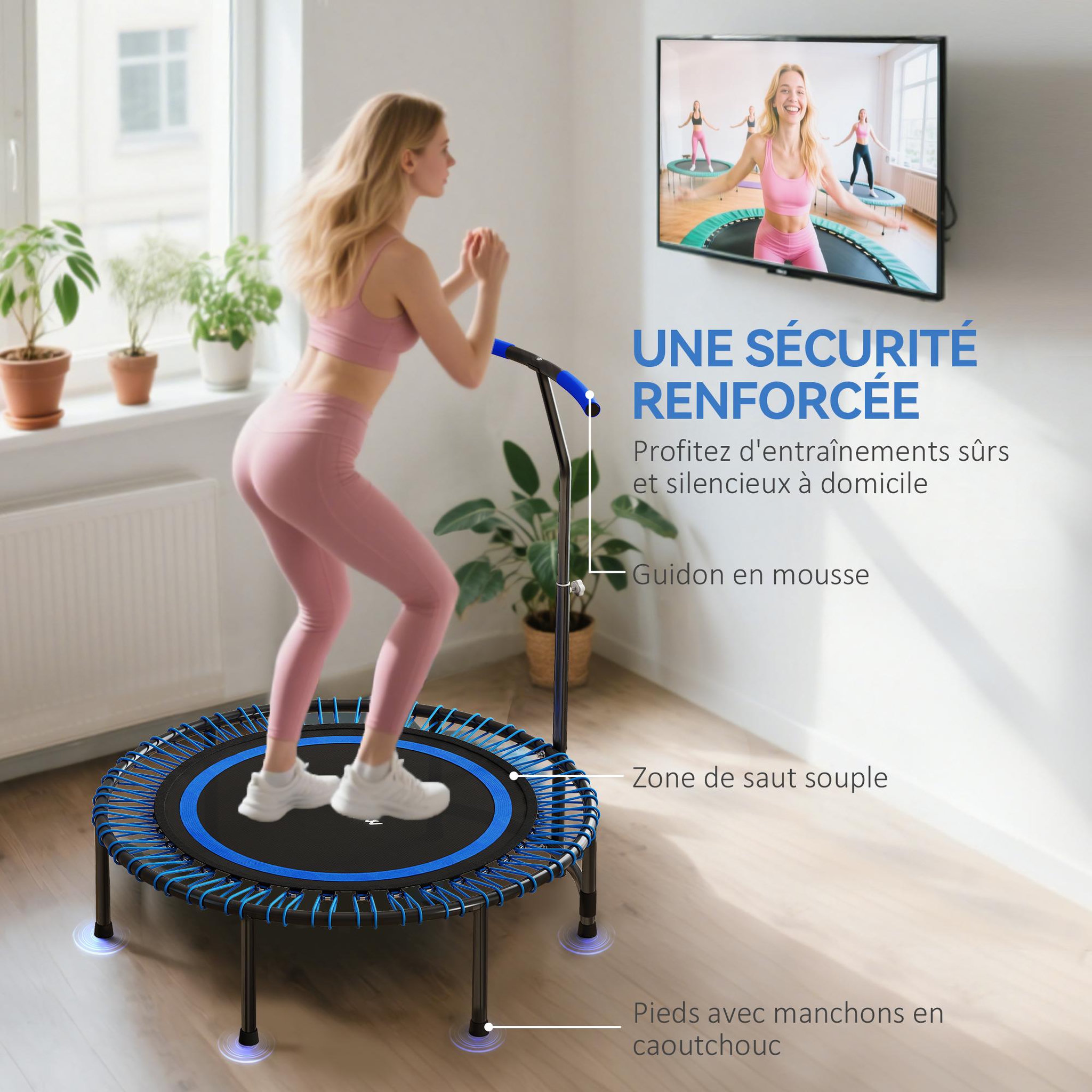 Voir la diapositive 6 : HOMCOM Trampoline Fitness 114cm guidon réglable 5 positions charge max. 150Kg acier PP noir bleu
