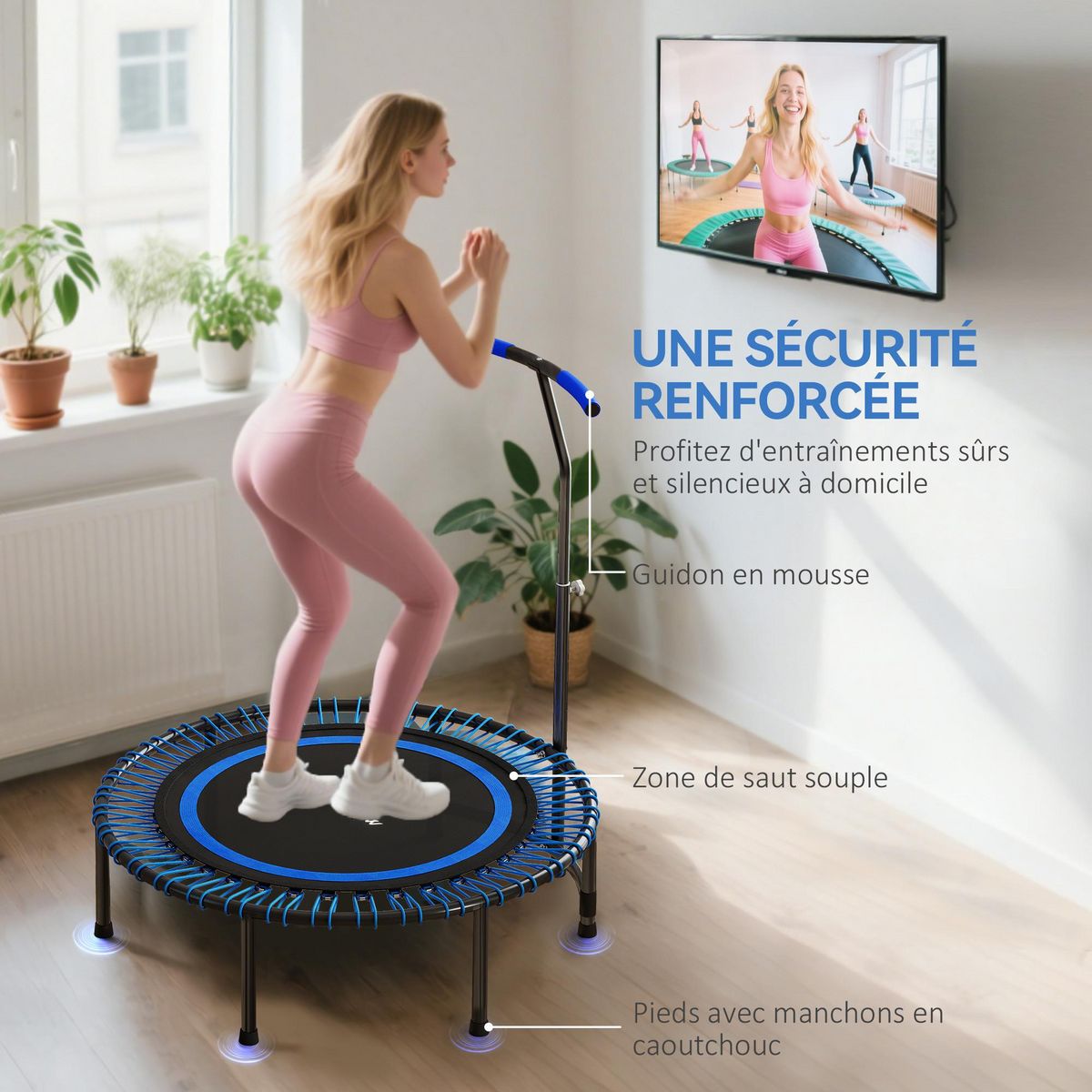 HOMCOM Trampoline Fitness 114cm guidon réglable 5 positions charge max. 150Kg acier PP noir bleu