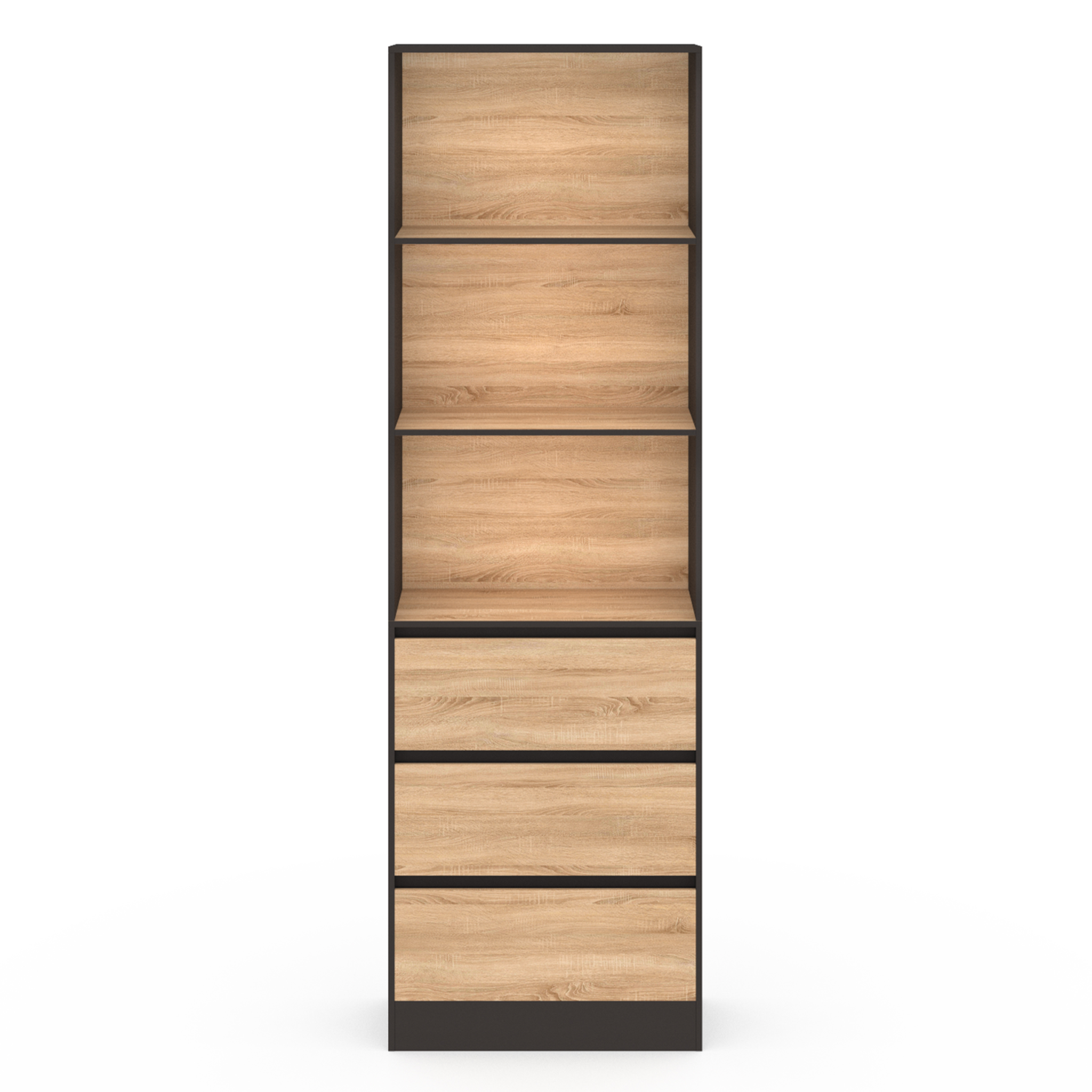 Voir la diapositive 3 : ID MARKET Etagère bibliothèque carla 3 niveaux 3 tiroirs noir et effet bois 190 cm