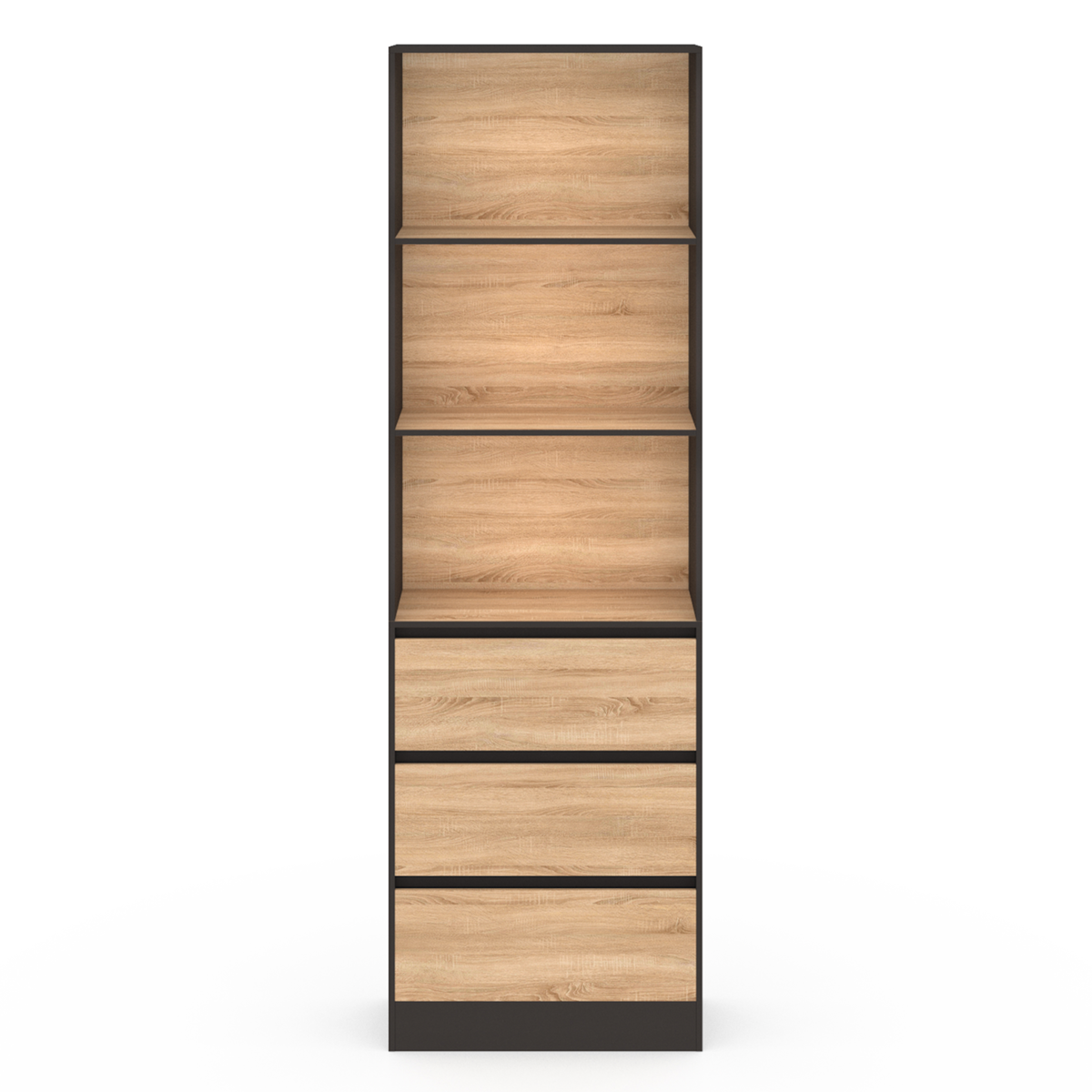 ID MARKET Etagère bibliothèque CARLA 3 niveaux 3 tiroirs noir et effet bois 190 cm