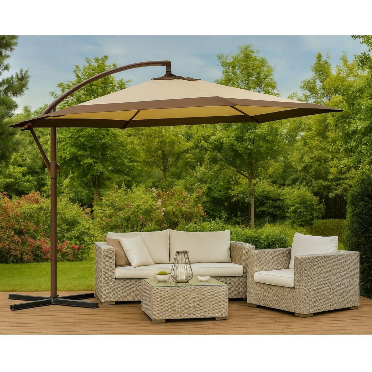 KZ GARDEN Parasol de Jardin Inclinable Ø300cm Design Sable et Bordure Marron - Parasol déporté Toile Polyester Anti UV KZ GARDEN