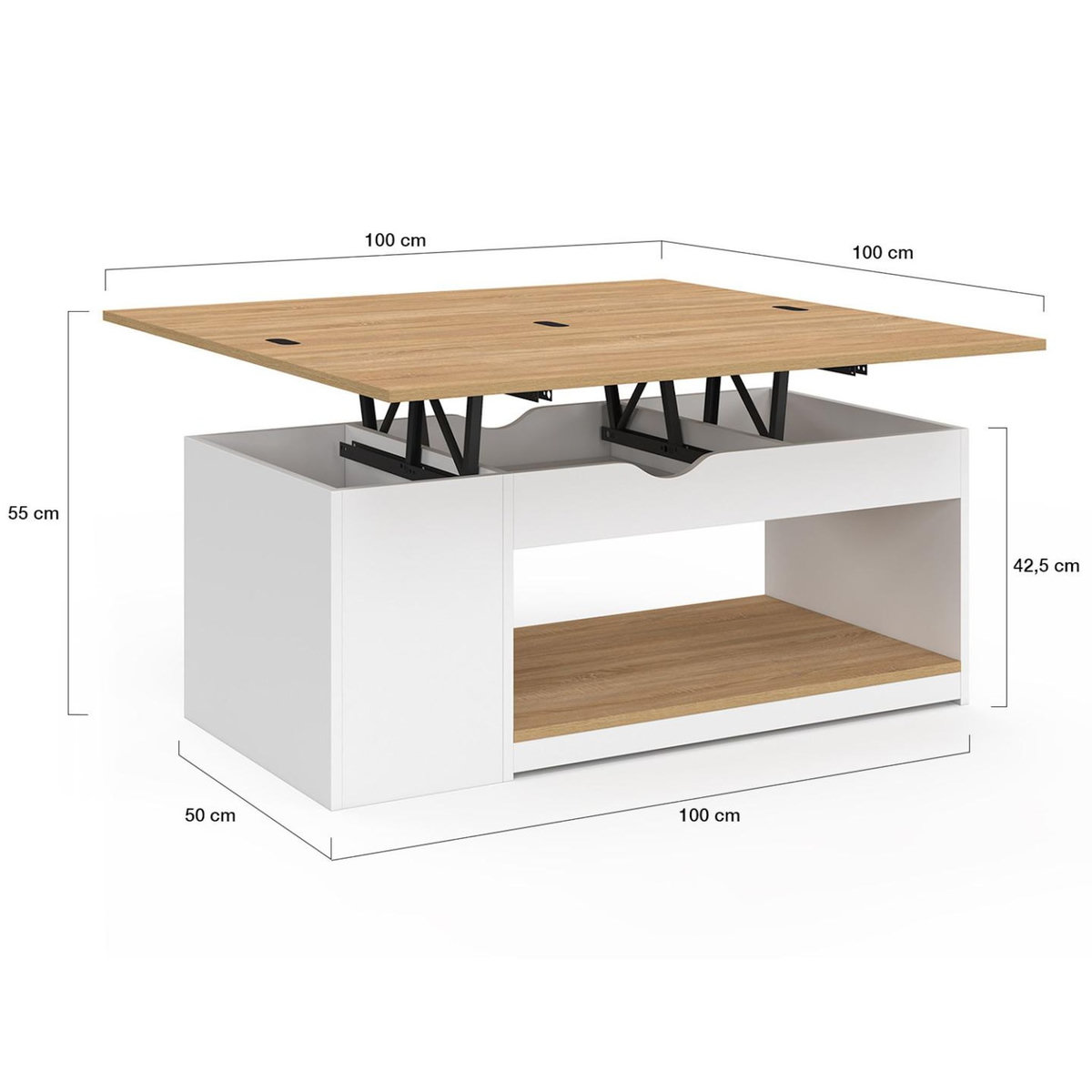 ID MARKET Table basse plateau relevable rectangulaire convertible en table à manger ELEA 100 cm bois blanc et façon hêtre