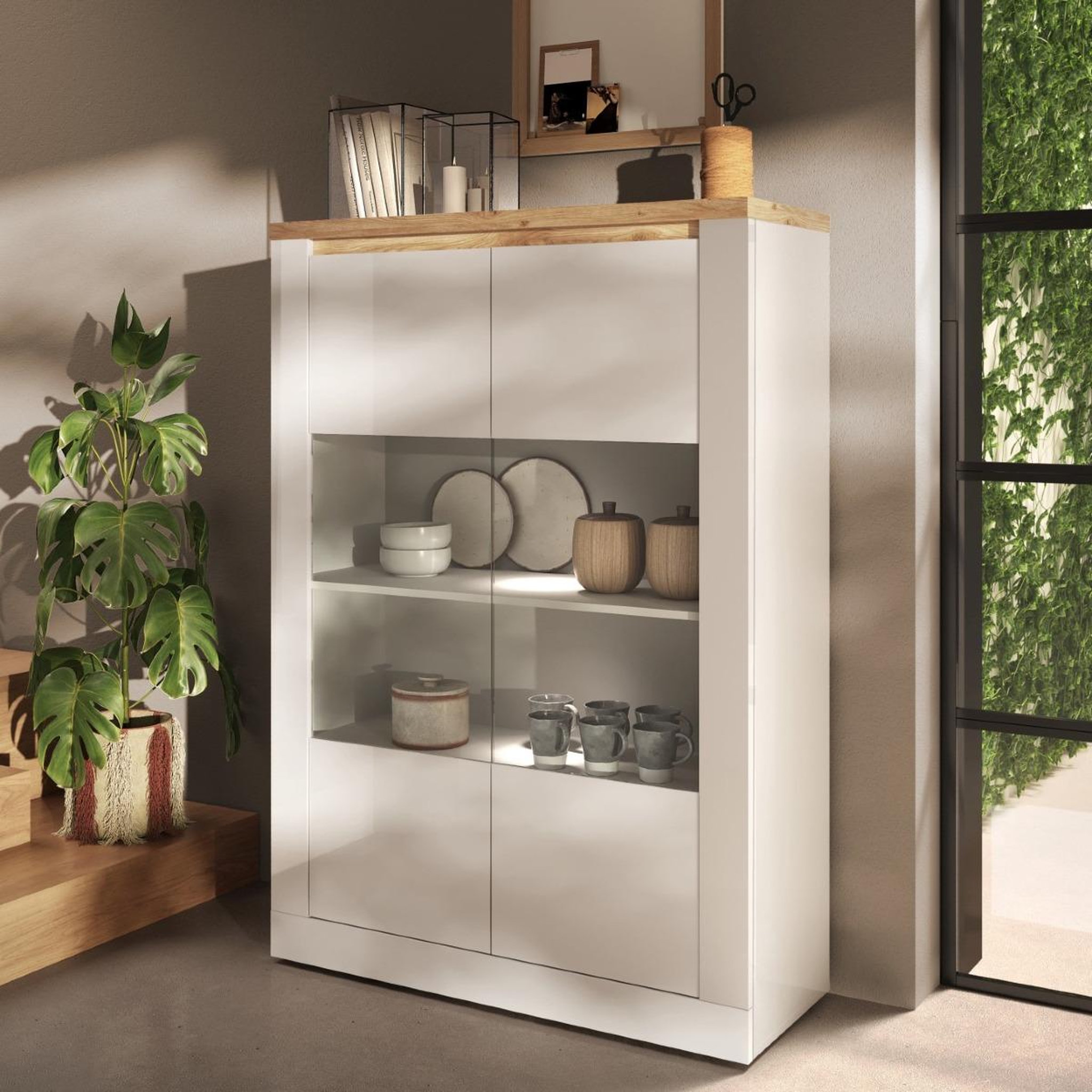 Voir la diapositive 2 : JLC KREATION Vitrine moderne 2 portes laqué blanc et bois + led ARIA