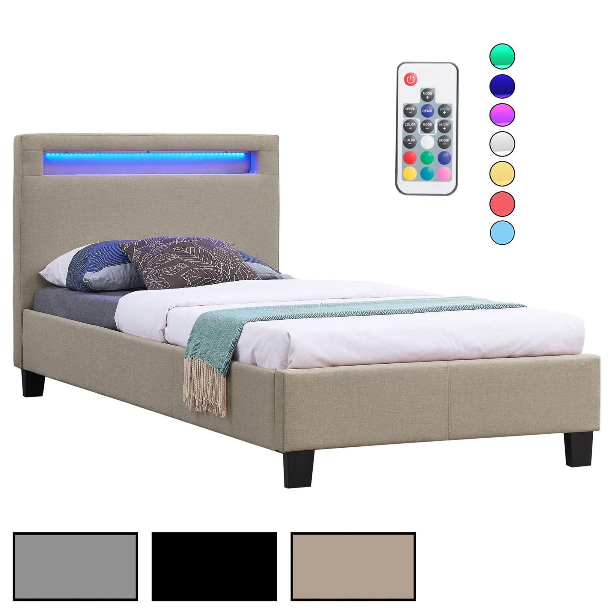 IDIMEX Lit LED simple MOLINA 90x190 cm, avec sommier, revêtement tissu. Coloris disponibles : Gris, Noir
