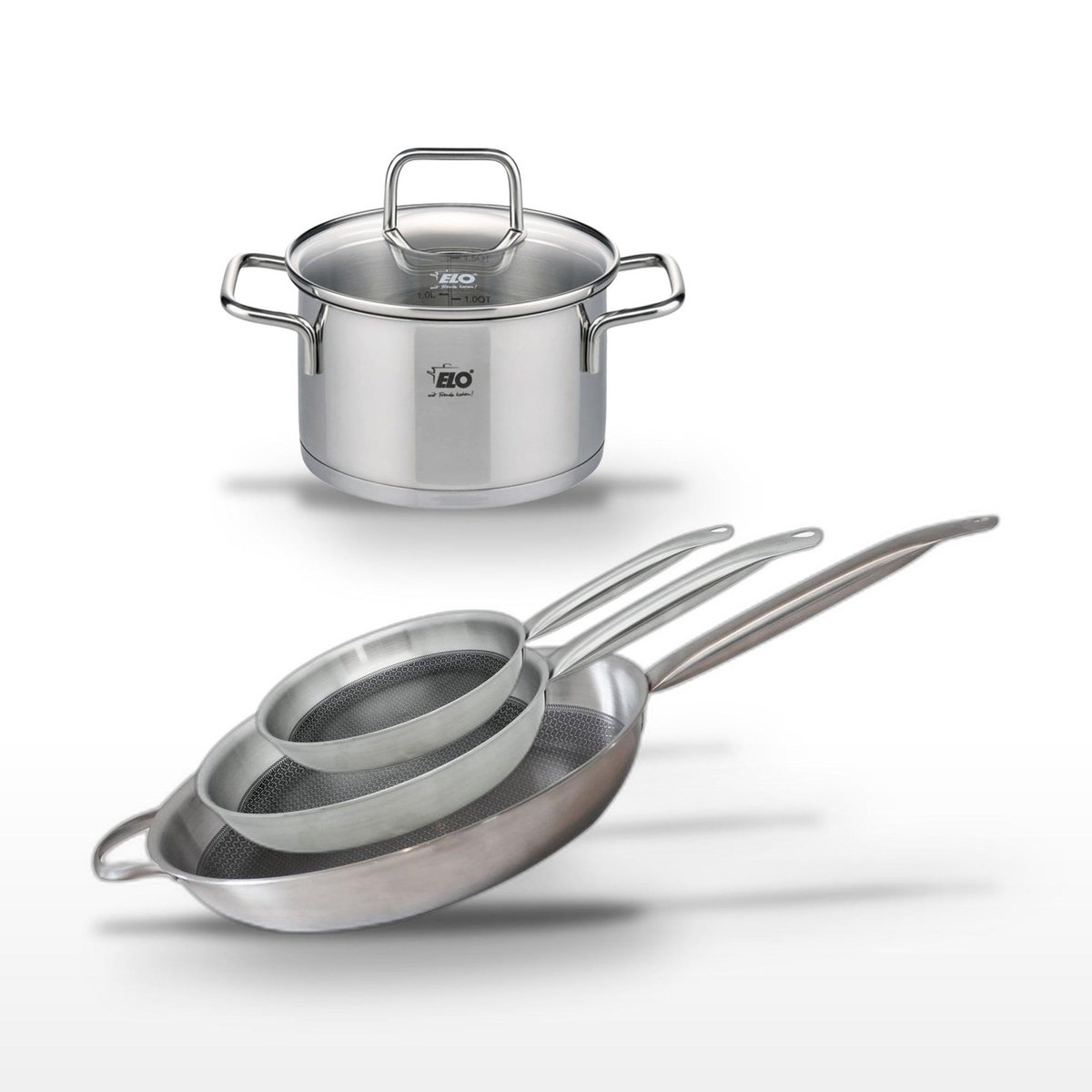 ELO Lot de 3 Poêles en inox 24/28/32 cm Elo Relief Solution avec Faitout 14 cm