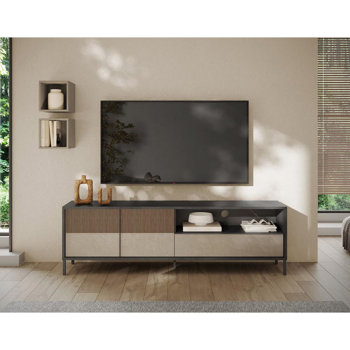 BEST MOBILIER Jules - meuble tv - 2 portes et 1 tiroir - 206 cm
