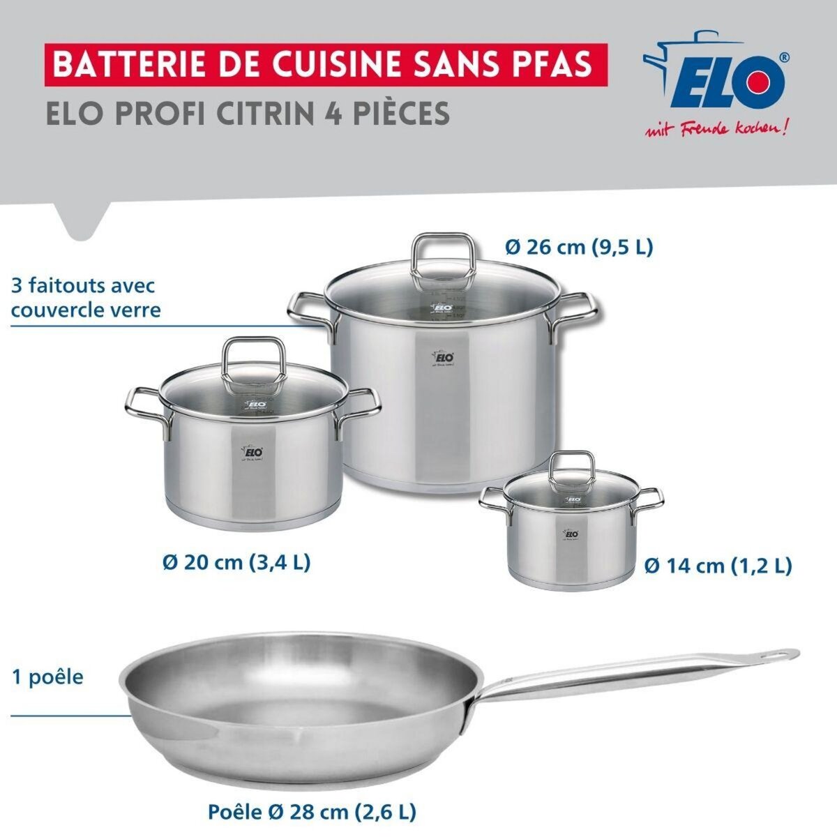 ELO Ensemble de 1 Poêle de cuisson 28 cm et 3 faitouts 14, 20 et 26 cm Elo Profi Citrin