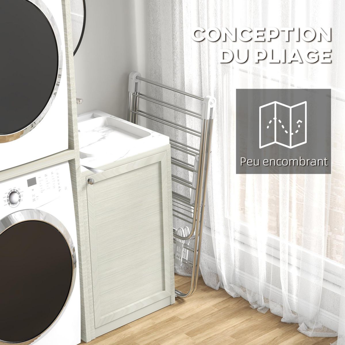 HOMCOM Séchoir à linge pliable sur pied - étendoir 2 niveaux ajustables - acier PP blanc