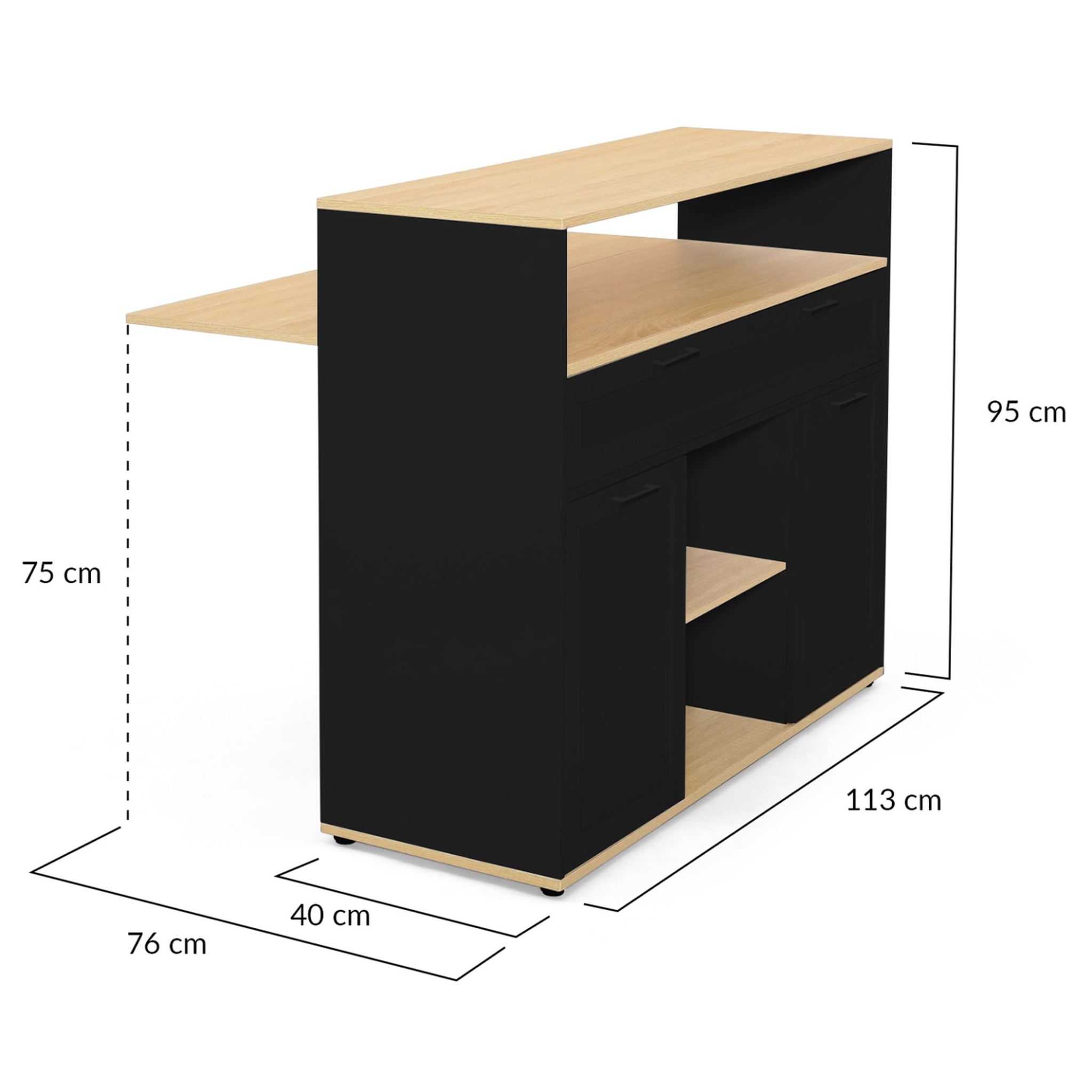 Voir la diapositive 5 : ID MARKET Meuble de bar extensible en table à manger 2 personnes vito noir et plateau bois