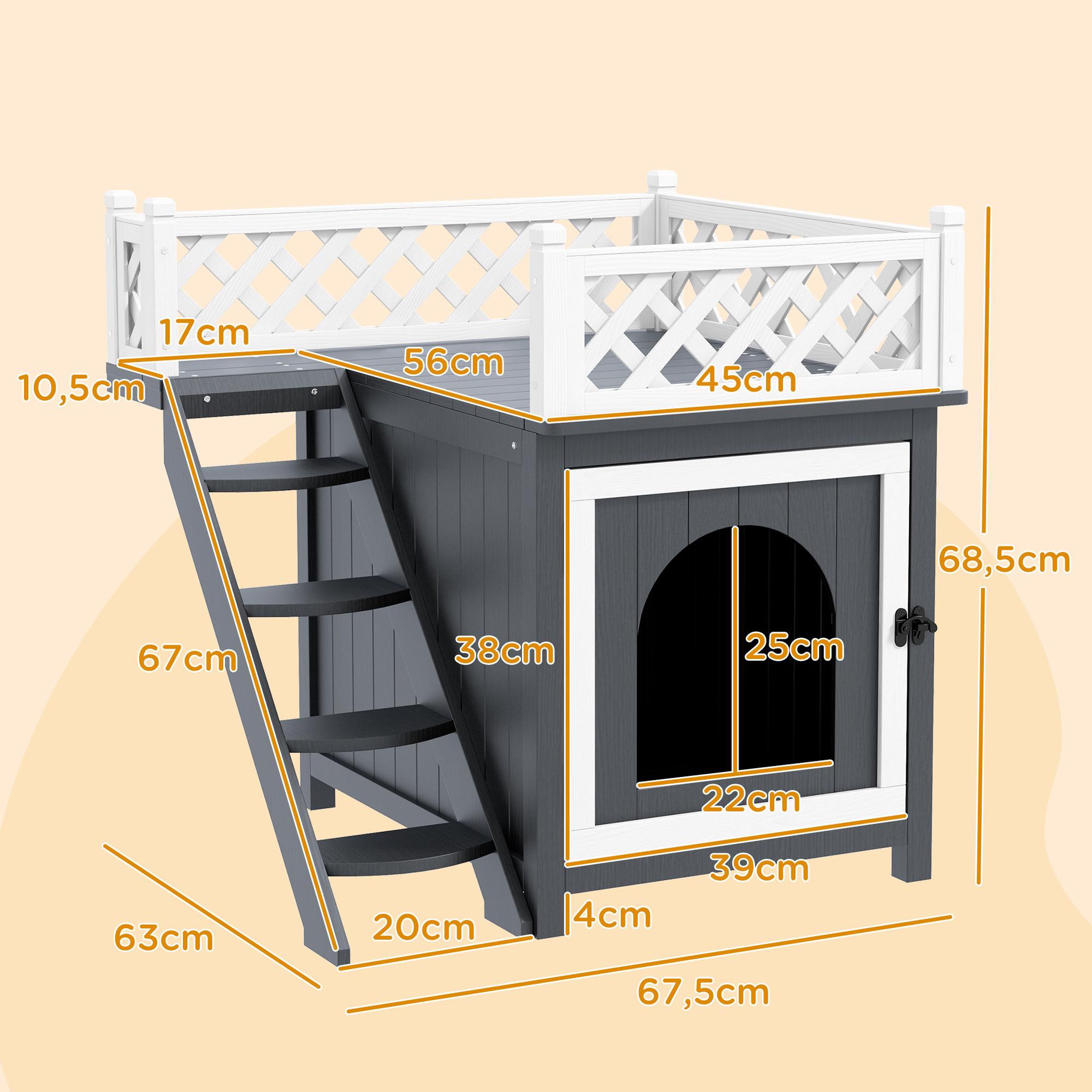 Voir la diapositive 3 : PAWHUT Maison niche chat sur pied - 2 niveaux, porte loquet, terrasse, escalier - bois gris blanc