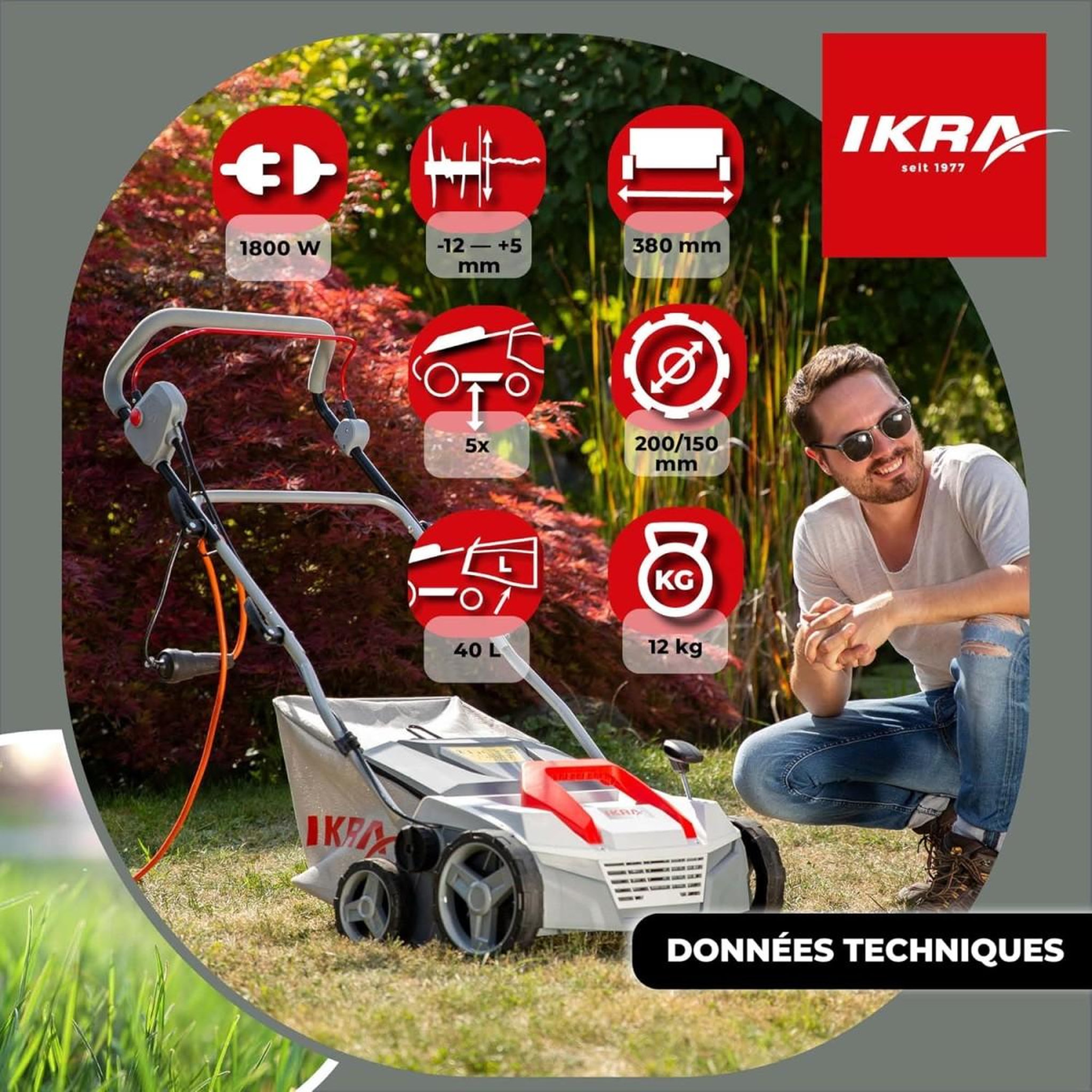 Voir la diapositive 4 : Ikra Scarificateur Démousseur électrique 1800W Profondeur de travail 23cm Bac à herbe 40L Aérateur de pelouse Entretien gazon IKRA