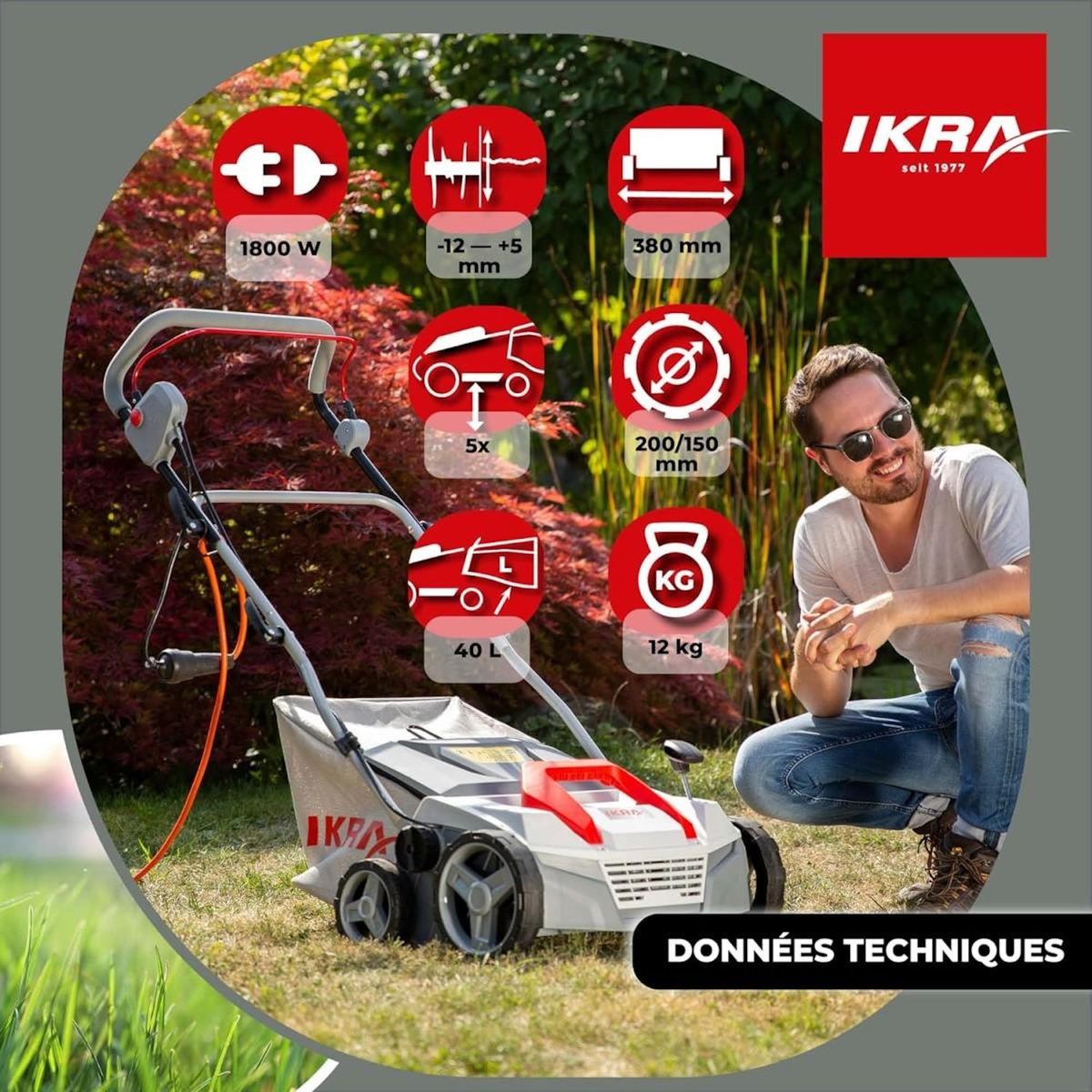 Ikra Scarificateur Démousseur électrique 1800W Profondeur de travail 23cm Bac à herbe 40L Aérateur de pelouse Entretien gazon IKRA