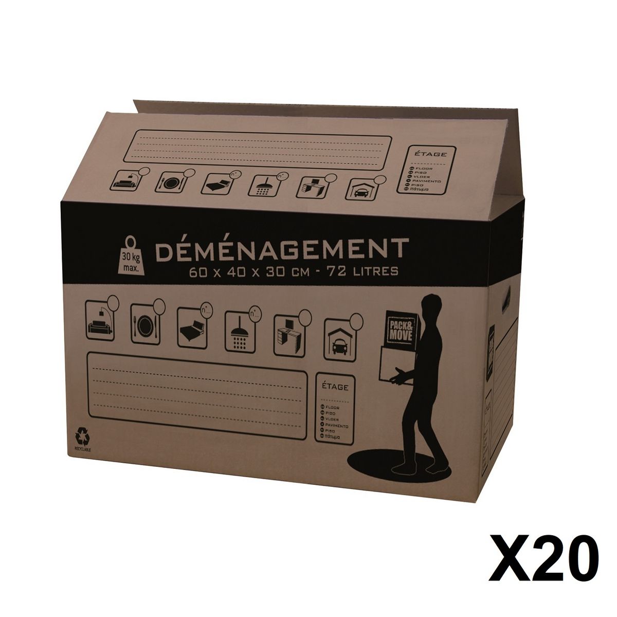 Lot de 20 cartons de déménagement 60 x 40 x 30 cm - 72L 