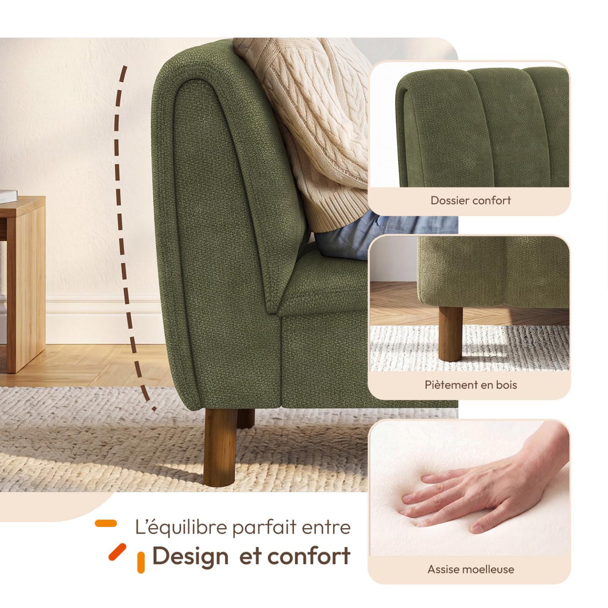 Voir la diapositive 3 : ID MARKET Fauteuil HECTOR tissu chenille vert et pieds arrondis effet noyer