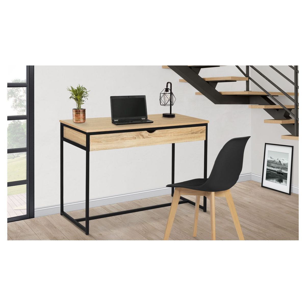 Bureau droit 1 tiroir style industriel pieds métal L110cm HOUSTON