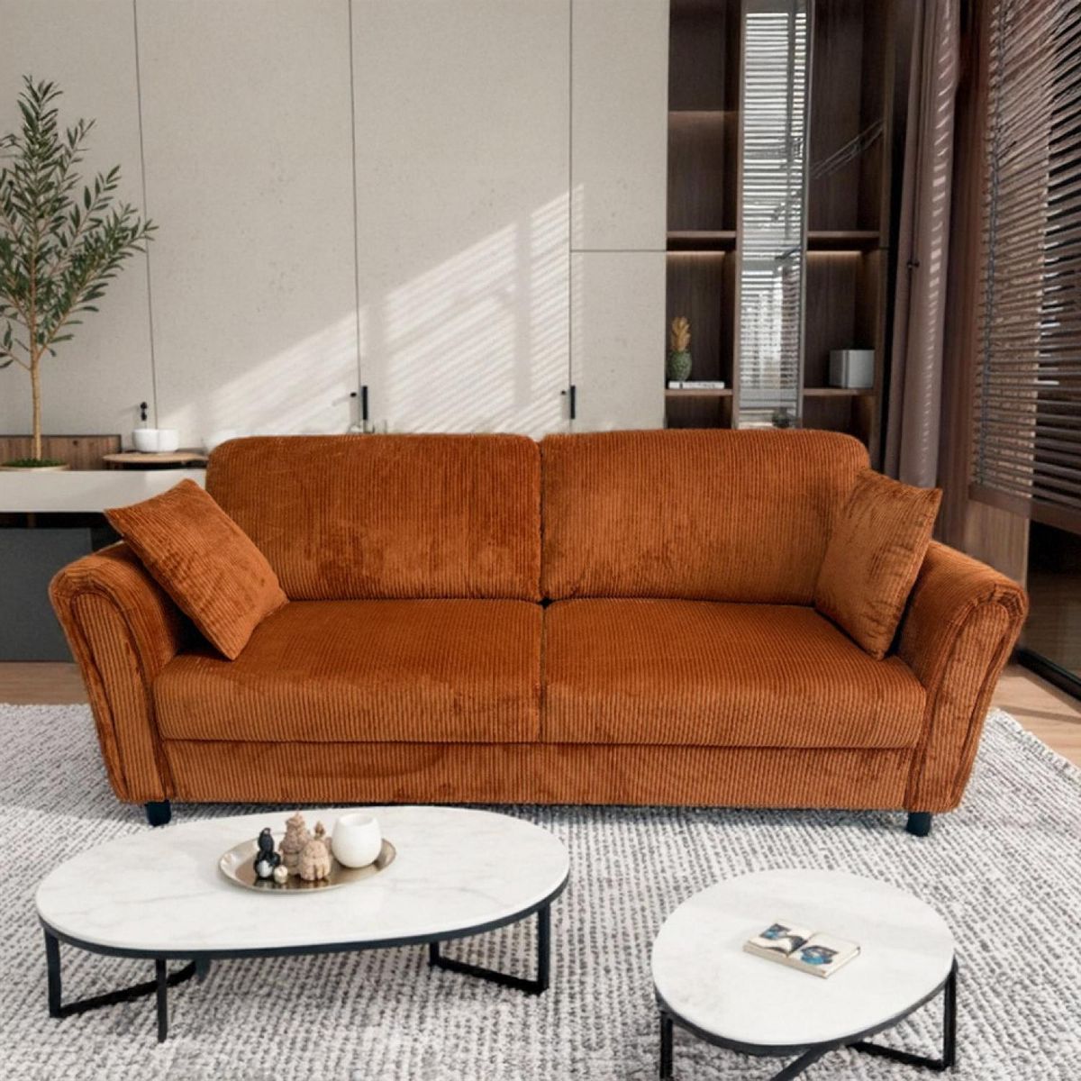 CONCEPT USINE Canapé droit 4 places en velours côtelé terracotta LUCERNE