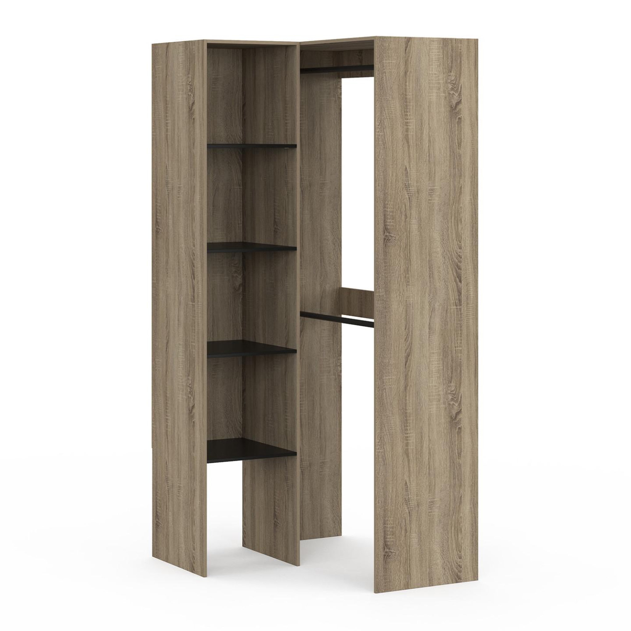 Voir la diapositive 4 : ID MARKET Dressing d'angle modulable l. 90 / 127 cm melman double penderie + étagères bois et noir