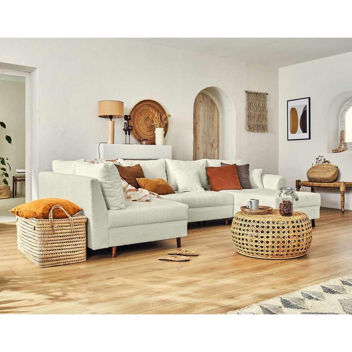 LISA DESIGN Rune - canapé panoramique d'angle gauche - 7 places - avec pouf d'appoint - en tissu bouclette