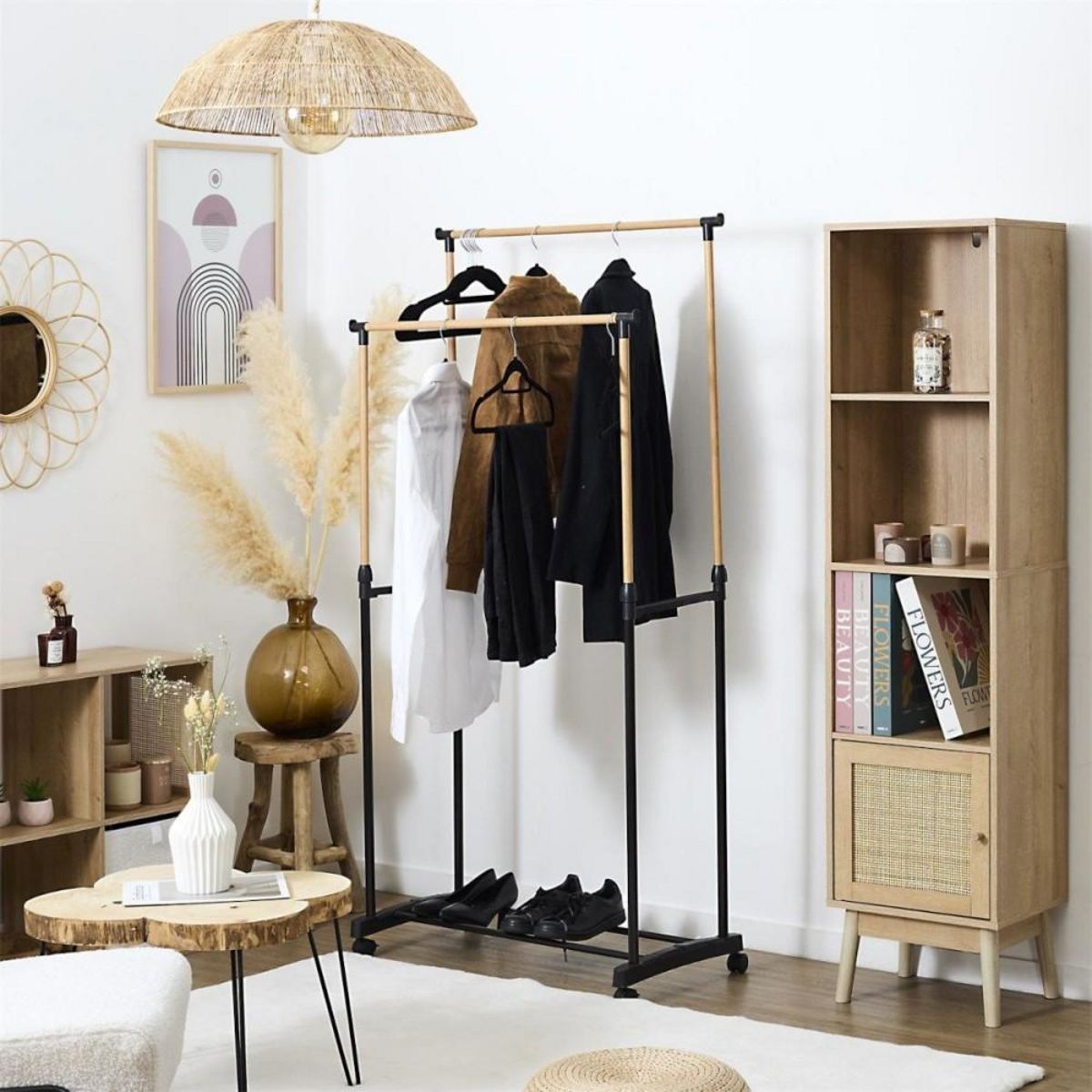 The Home Deco Factory Portant double à roulettes effet bois