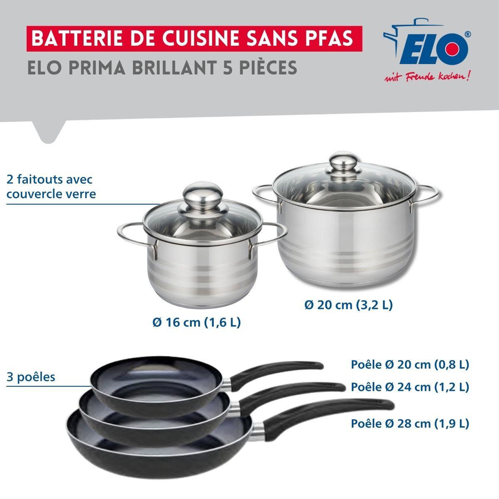 Voir la diapositive 2 : ELO Ensemble de 3 poêles de cuisson 20, 24 et 28 cm et 2 faitouts 16 et 20 cm elo prima brillant