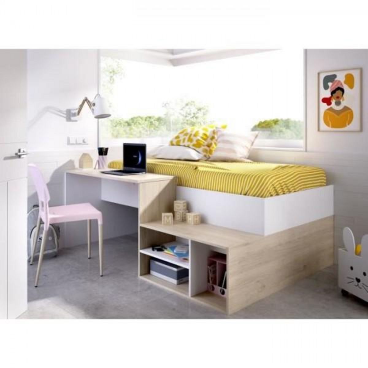 MARKET24 Lit combiné enfant KRIC - Chene naturel et blanc - Bureau et rangement - 90x190 cm