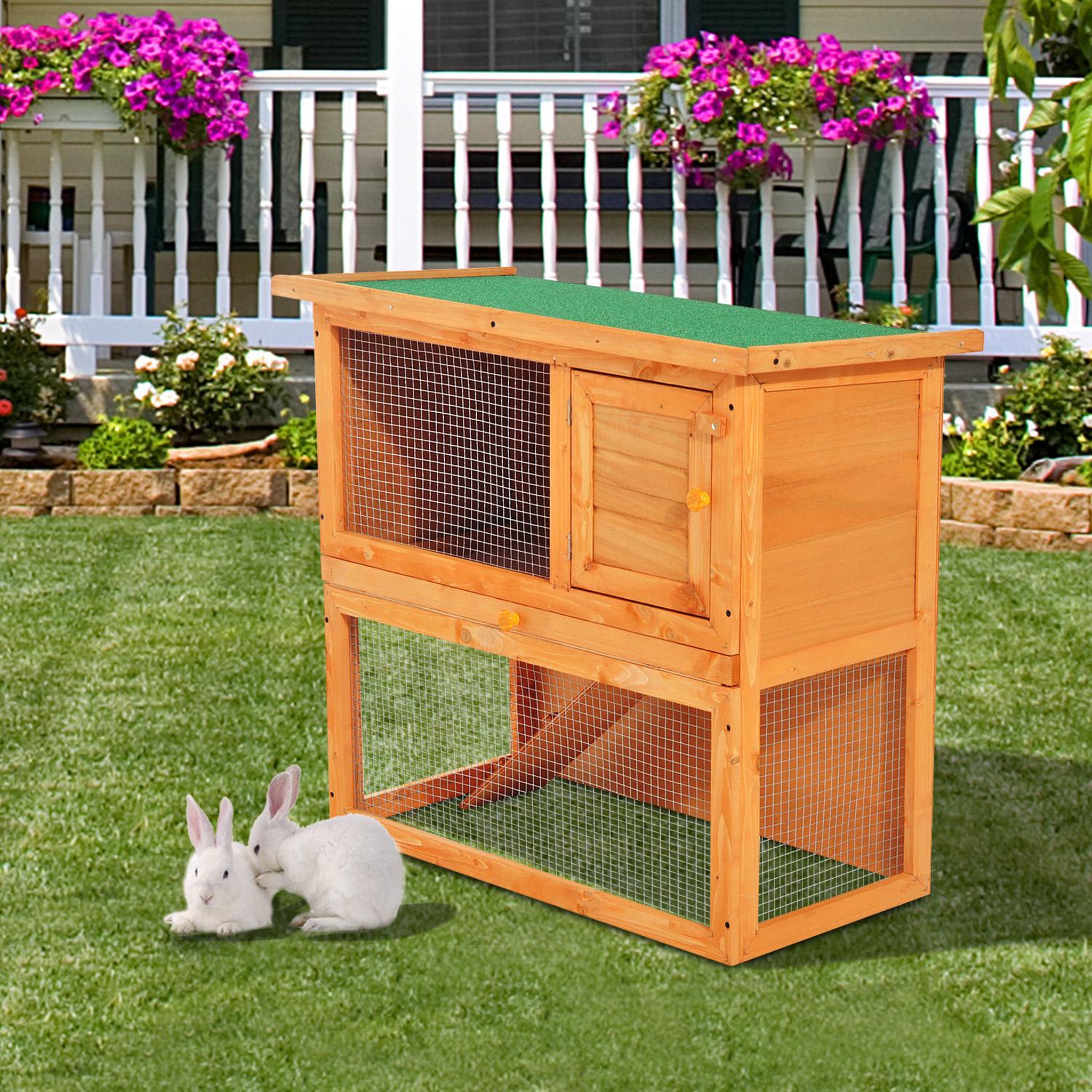 Voir la diapositive 2 : PAWHUT Clapier à lapin cage à lapin 2 étages plateau coulissant rampe et toit ouvrant 90l x 45l x 80h cm