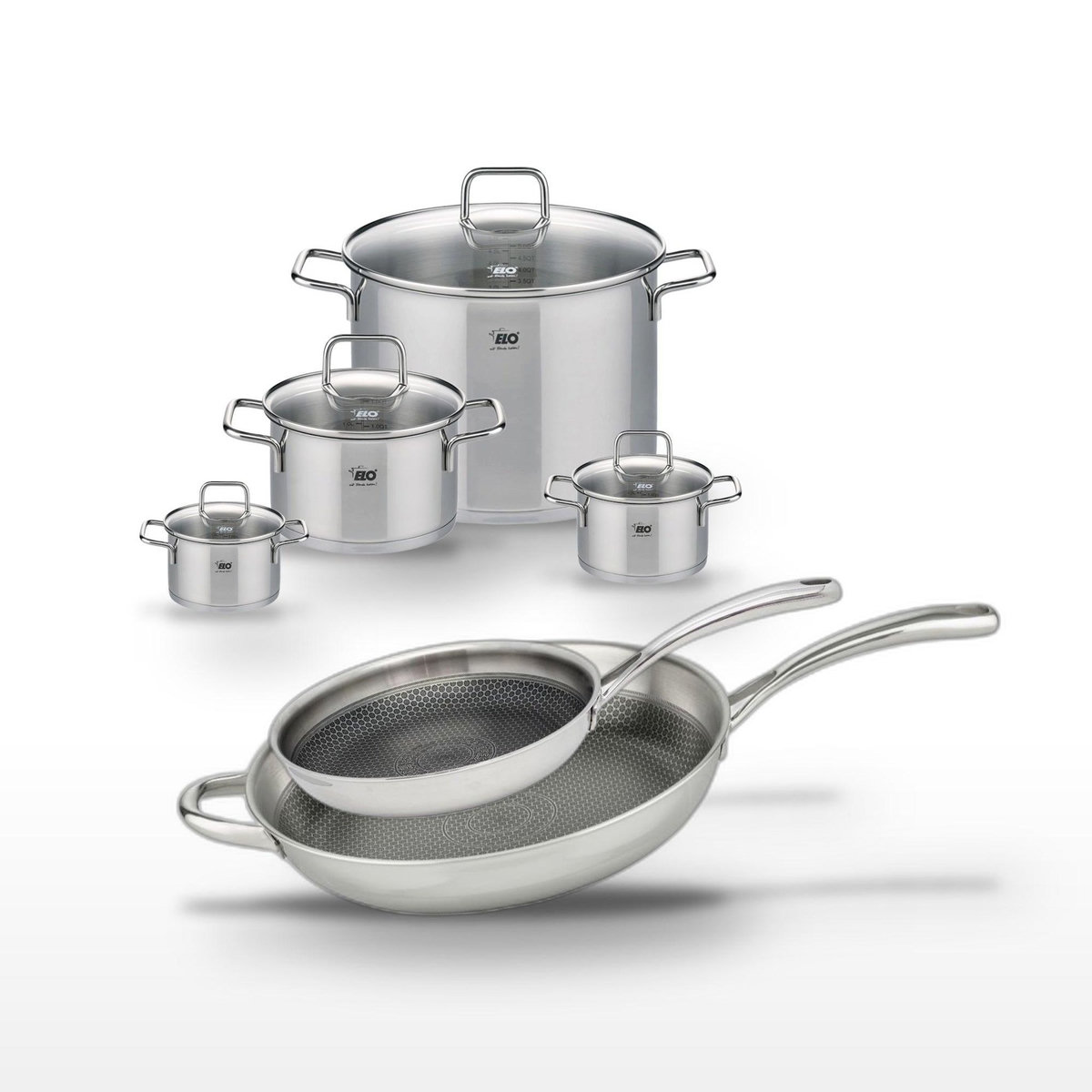 ELO Lot Poêles 28cm & 32cm Elo Relief Evolution et Faitouts Elo Citrin