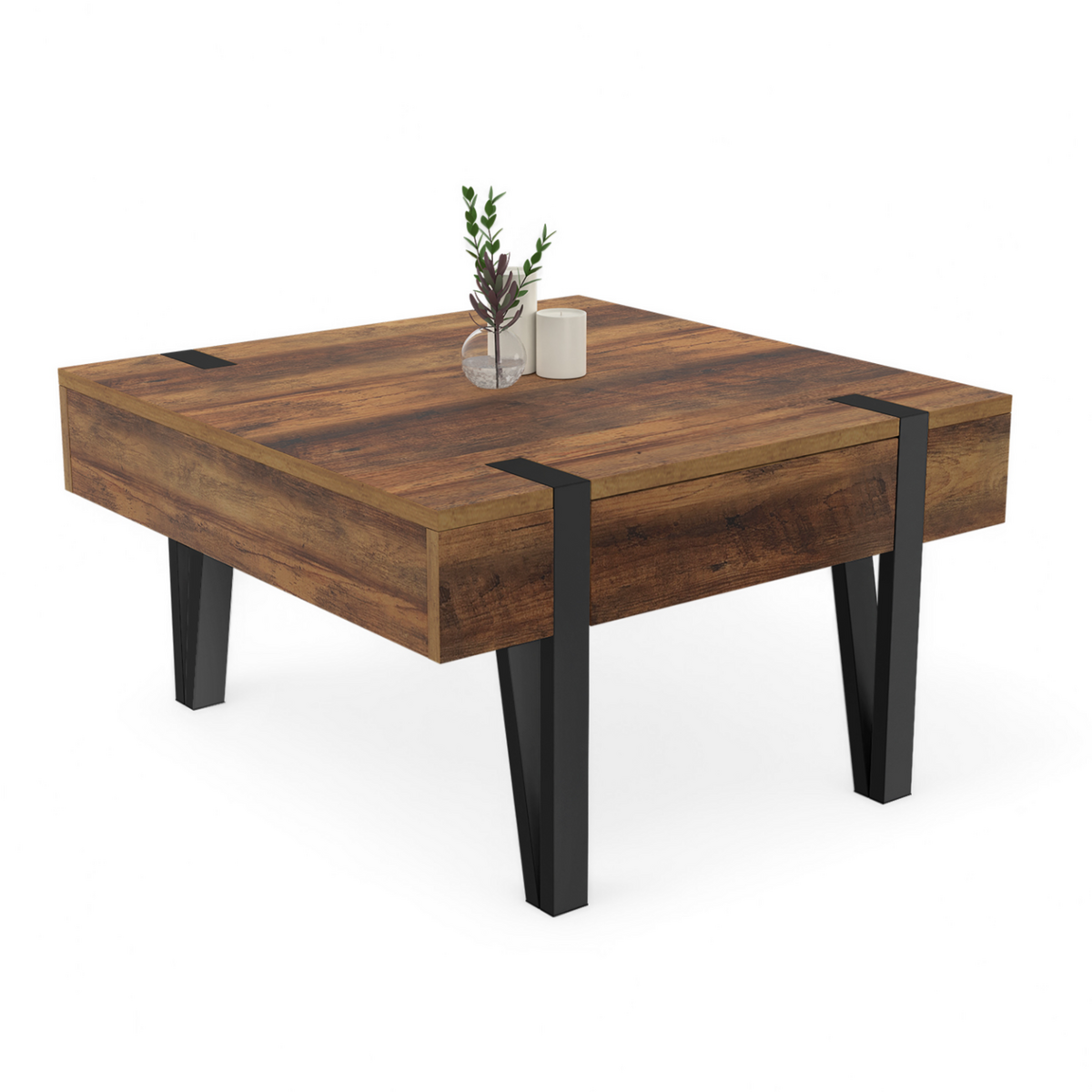 ID MARKET Table basse carrée 1 tiroir AUSTRIA 70 cm bois pied épingle noir