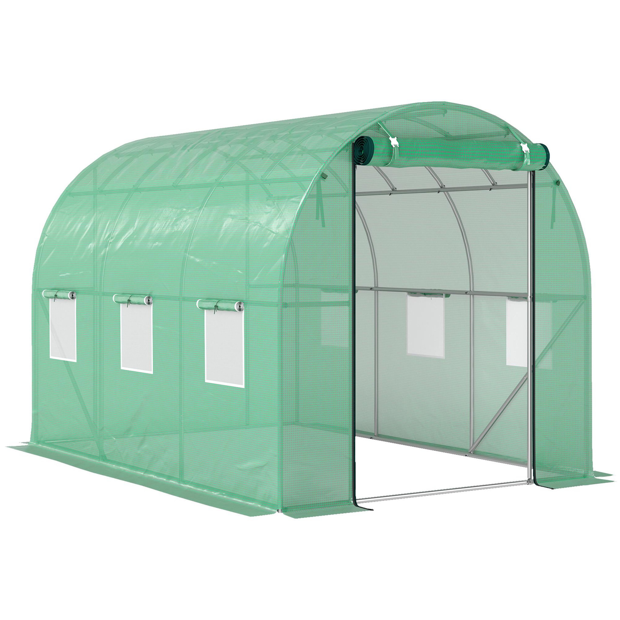 OUTSUNNY Serre de jardin 6 m² - porte zippée enroulable, 6 fenêtres - acier galvanisé PE haute densité 170 g/m² vert
