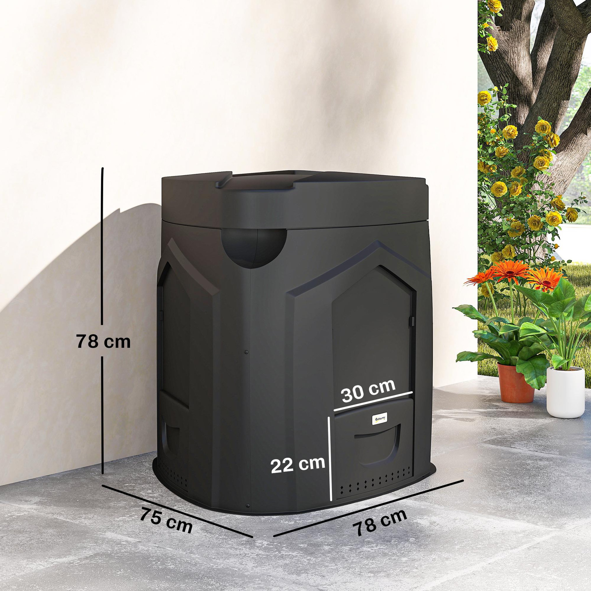 Voir la diapositive 3 : OUTSUNNY Composteur de jardin triangulaire 3 Portes, 66 Aérations - fond ouvert - polypropylène - 240L - noir