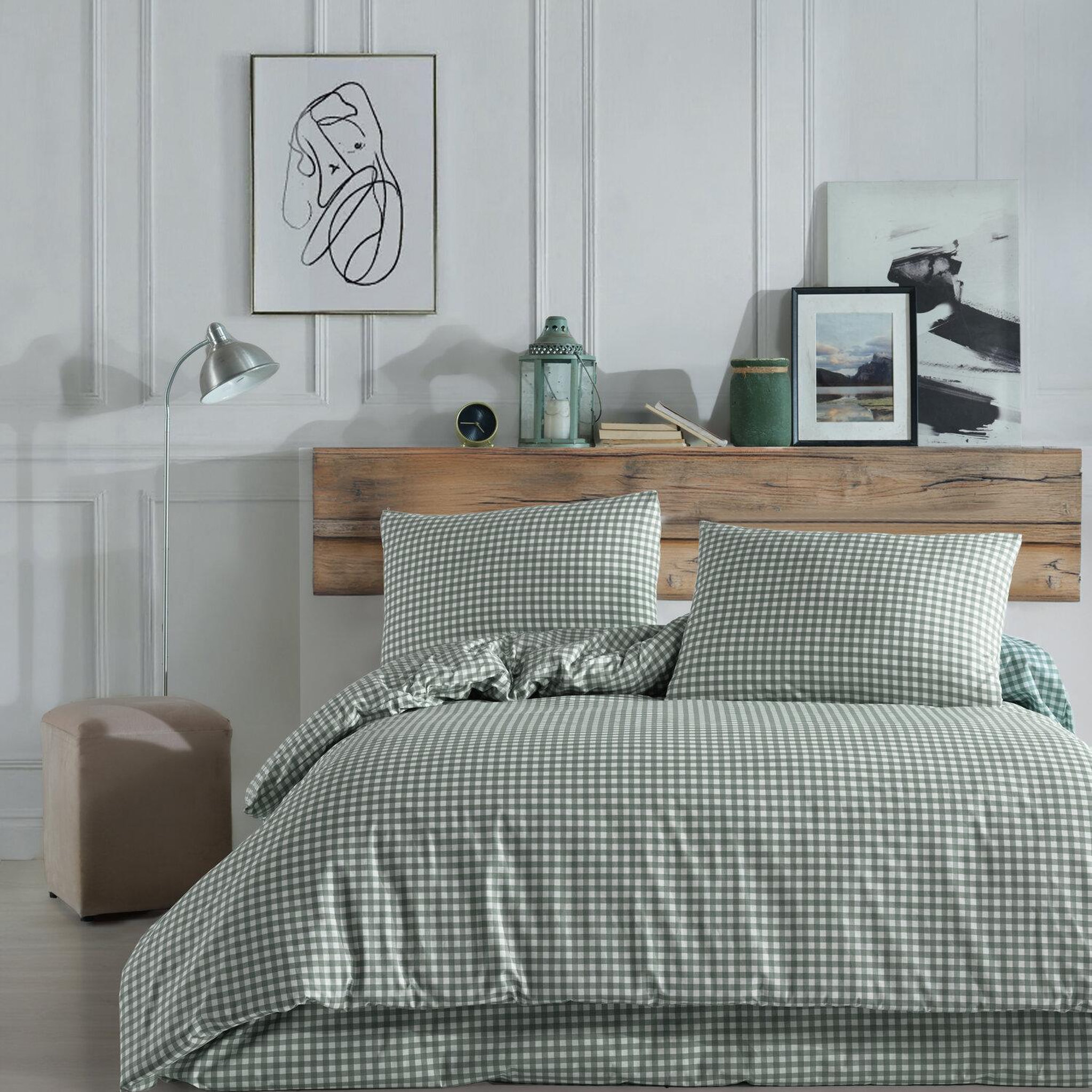 Home collection Parure housse de couette 3 pcs 240x220 cm 100% coton 57 fils imprimé. Vichy vert