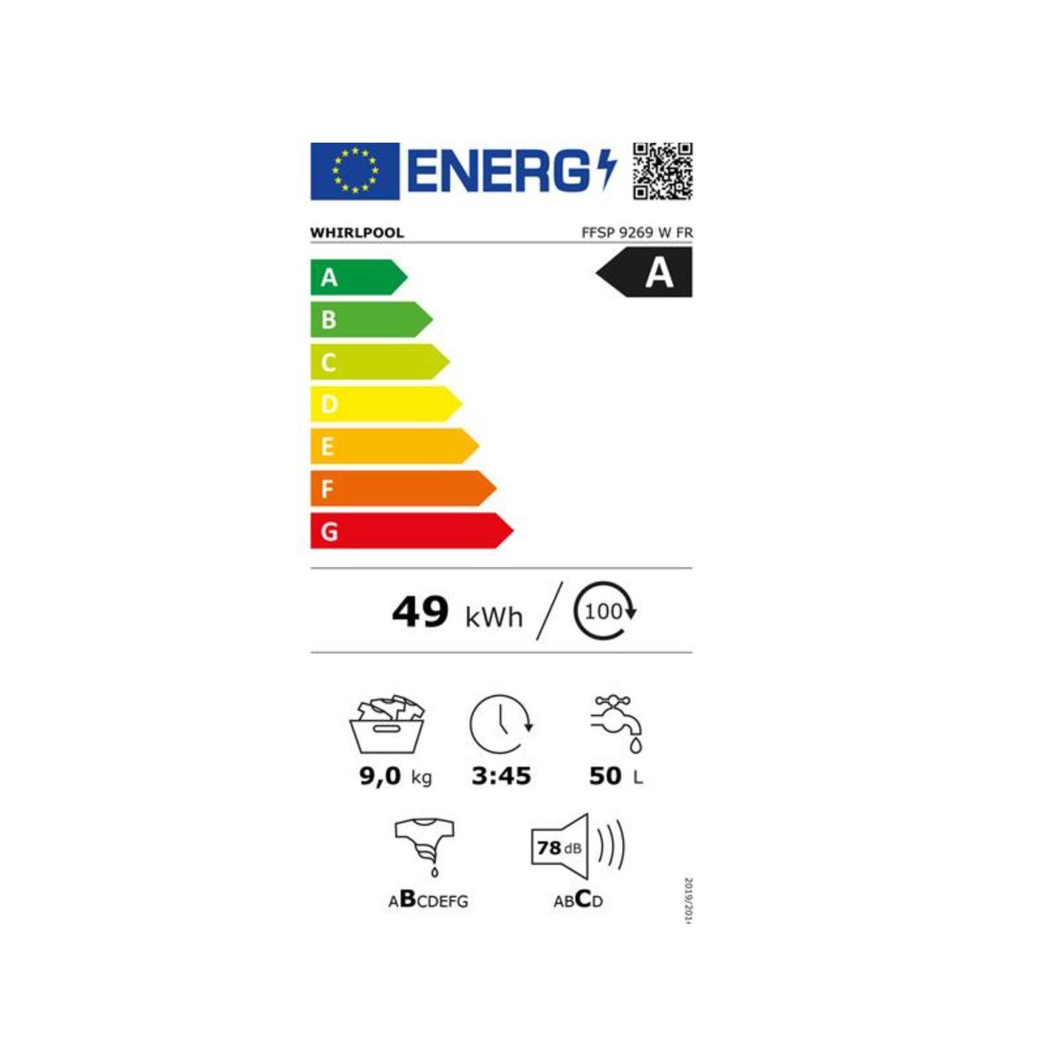 Voir la diapositive 2 : Whirlpool Lave-linge frontal 9kg 1200 tours/min - ffsp9269wfr