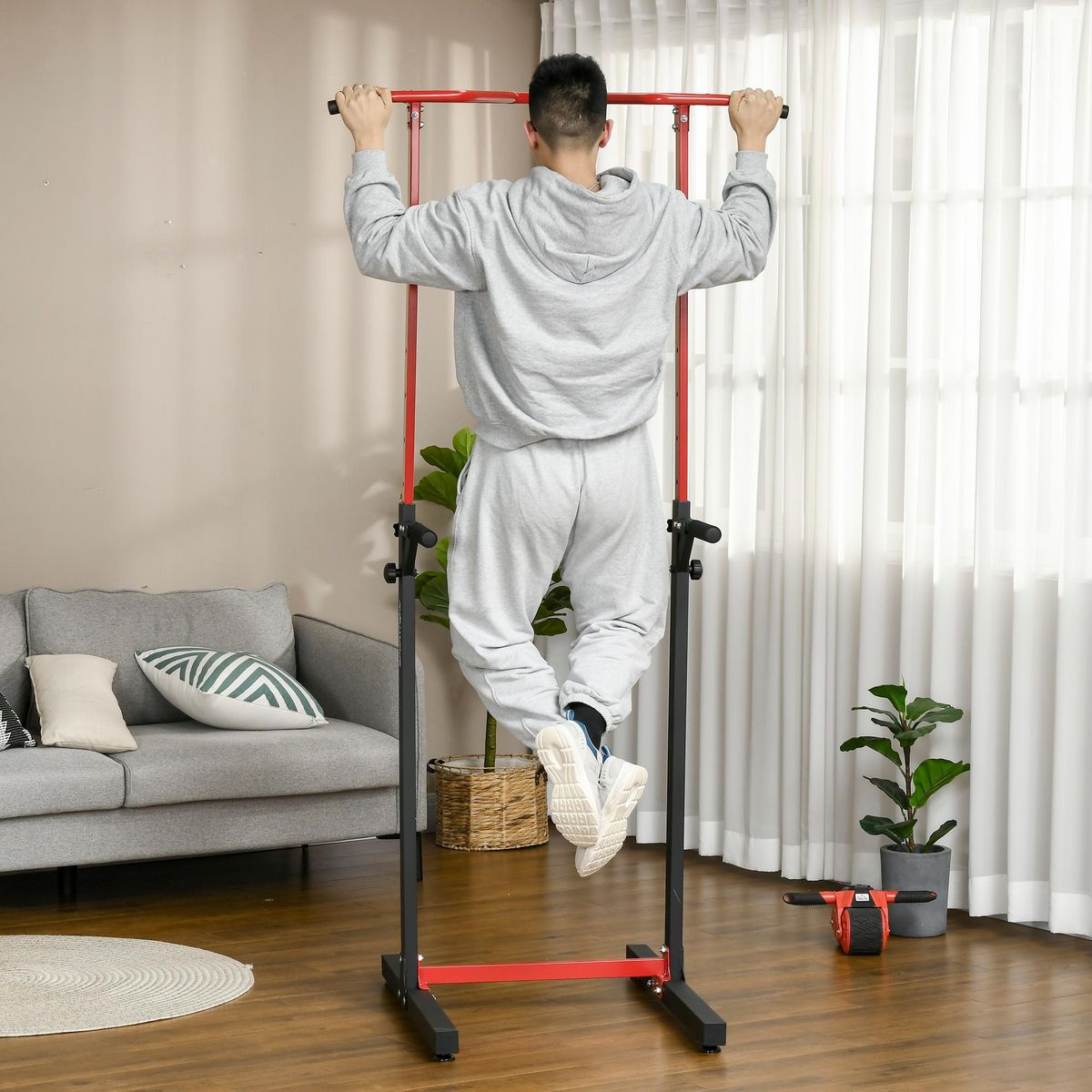 HOMCOM Station de musculation multifonction - barre de traction chaise romaine - hauteur réglable 6 niv. - acier noir rouge