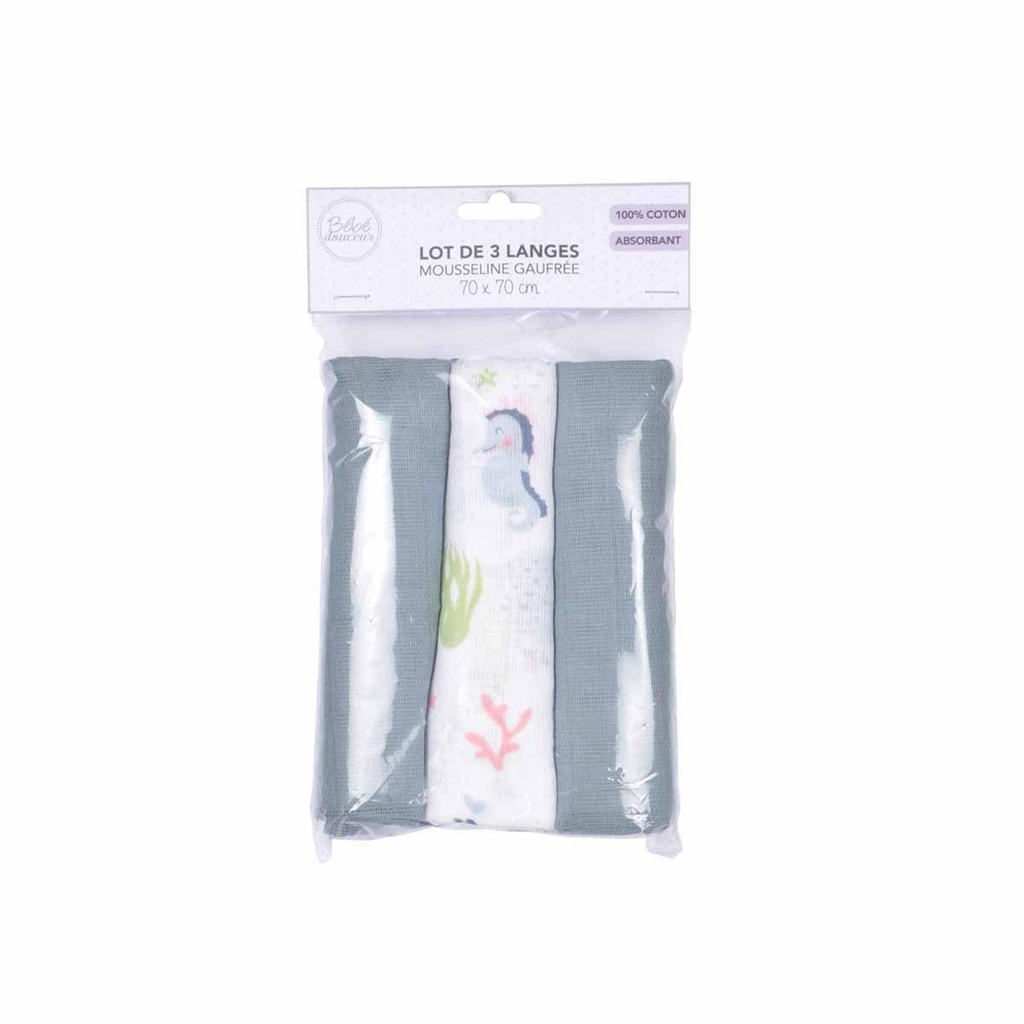 Voir la diapositive 2 : BEBE DOUCEUR Lot de 3 langes en coton  océan  70cm bleu